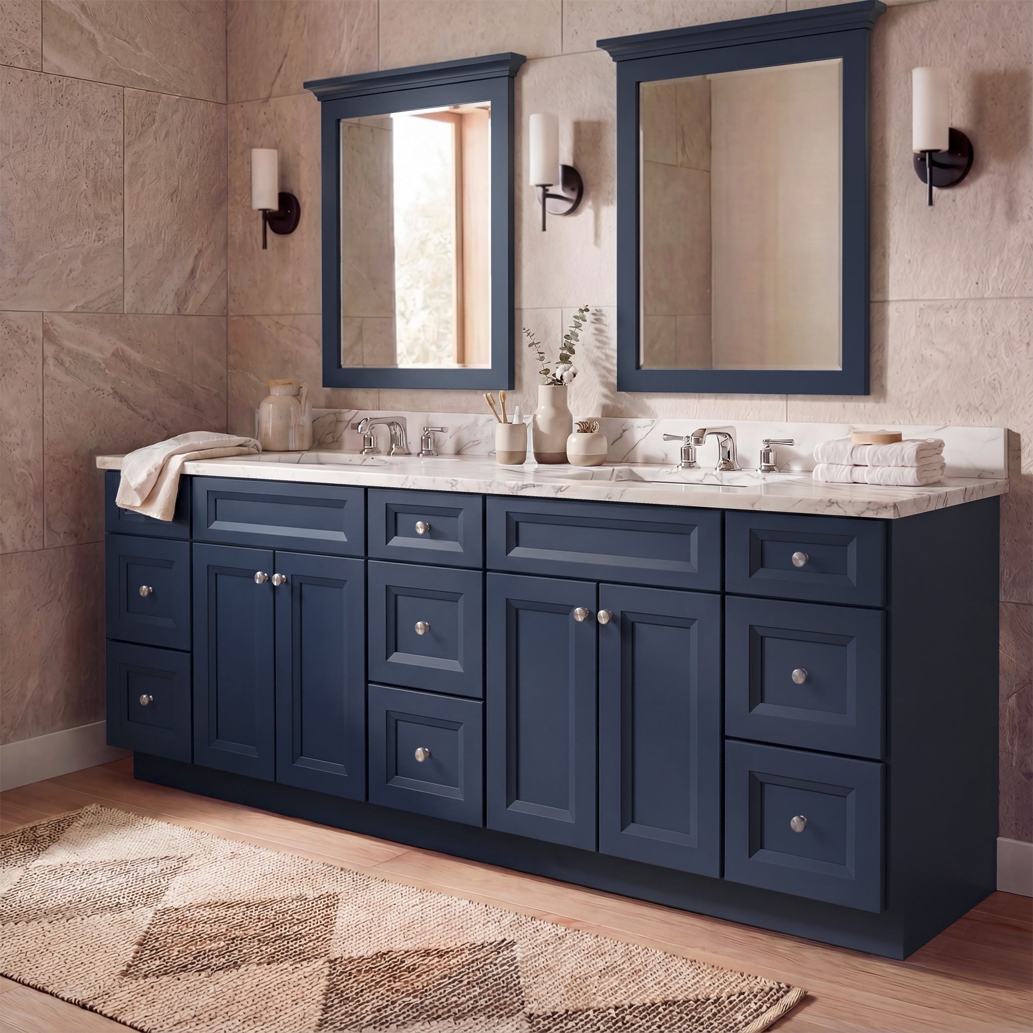 Angled view of a blue Belmont shaker double sink vanity in a contemporary, warm bathroom scene with a marble countertop.