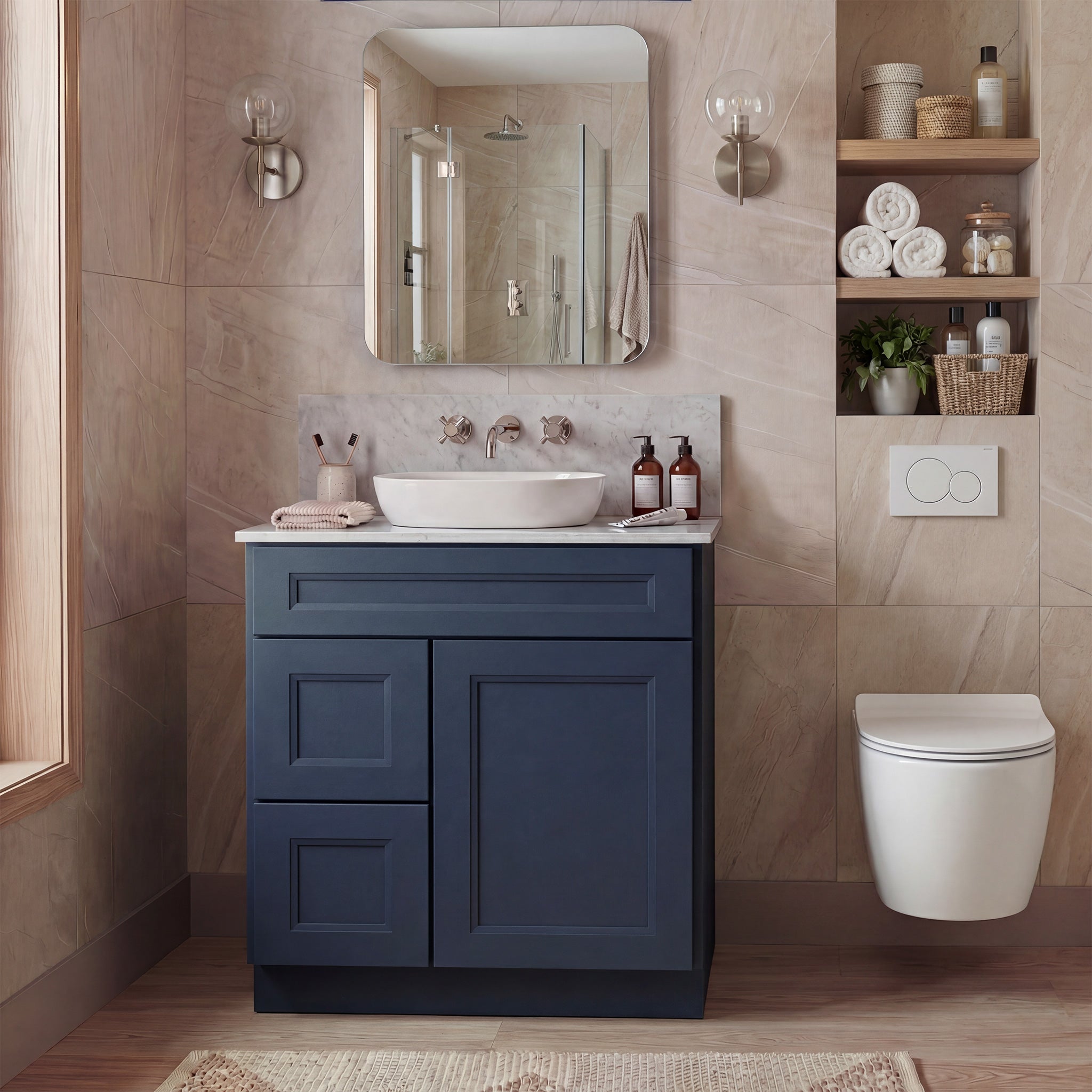 Front view of a blue Belmont shaker single sink vanity with 1 door, 2 drawers left, and 1 false drawer in a warm bathroom.