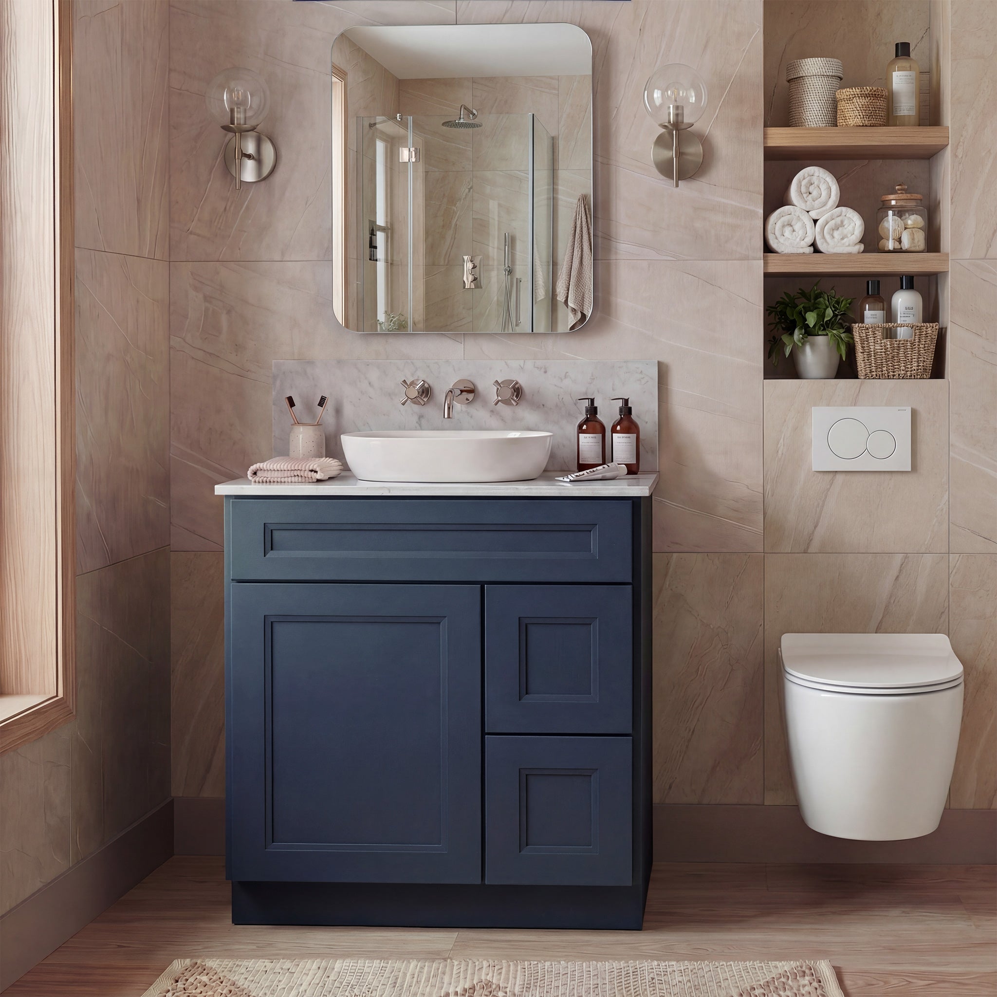 Warm bathroom scene of a blue Belmont shaker single sink vanity with 1 door, 2 drawers right, and 1 false front.