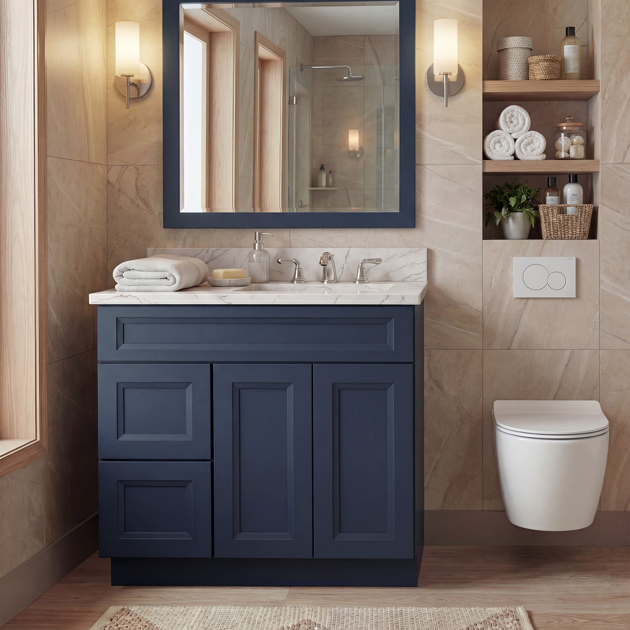 Front view of a blue Belmont shaker vanity with 2 doors, 2 drawers left, and 1 false drawer in a warm contemporary bathroom.