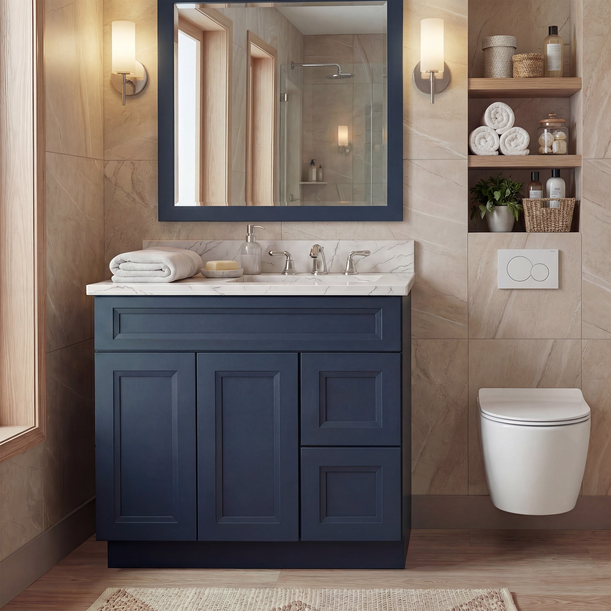 Front view of a blue Belmont shaker vanity with 2 doors, 2 drawers right, and 1 false drawer in a warm contemporary bathroom.