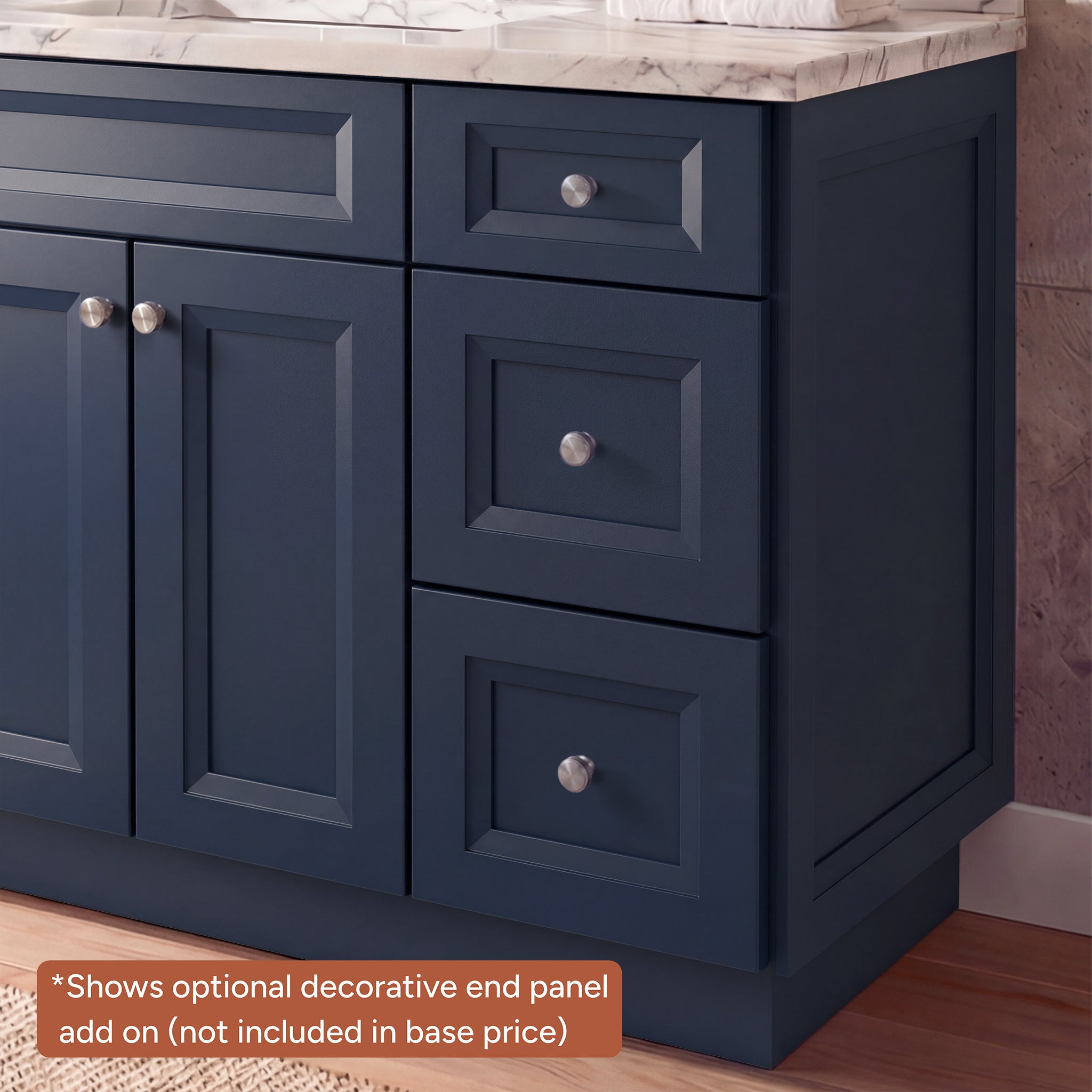 Blue Belmont shaker vanity detail showing an optional decorative end panel add-on, not included in base price.