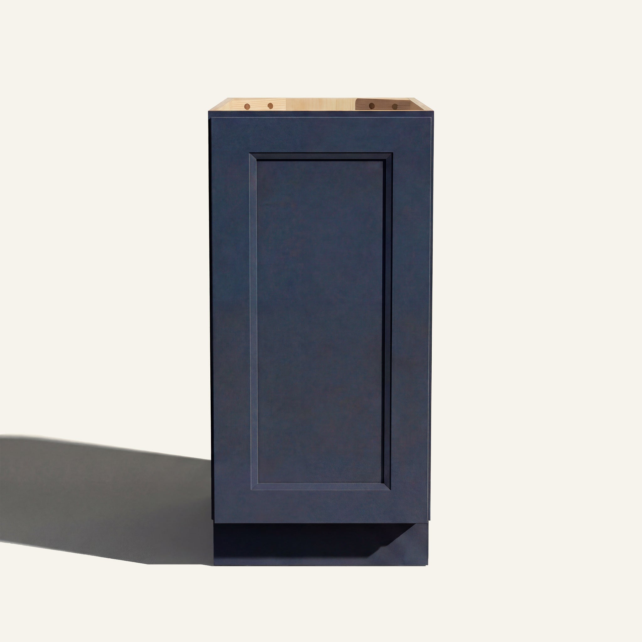 Straight on view of a blue Belmont beveled Shaker base cabinet with 1 full-height door.