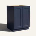 Angled view of a blue Belmont beveled Shaker base cabinet with 2 full height doors.