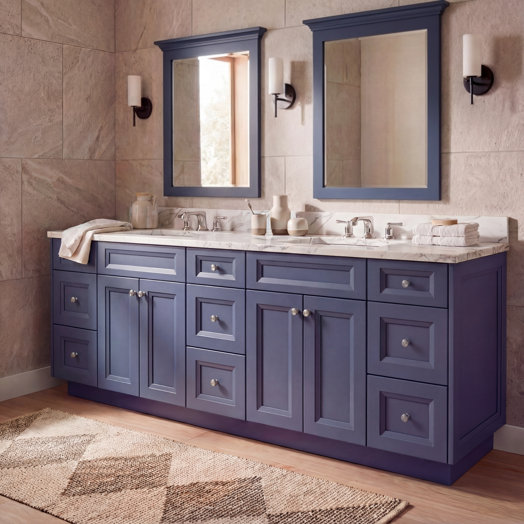 Bathroom vanity with blue cabinets, marble countertop, and mirrors against a tiled wall.