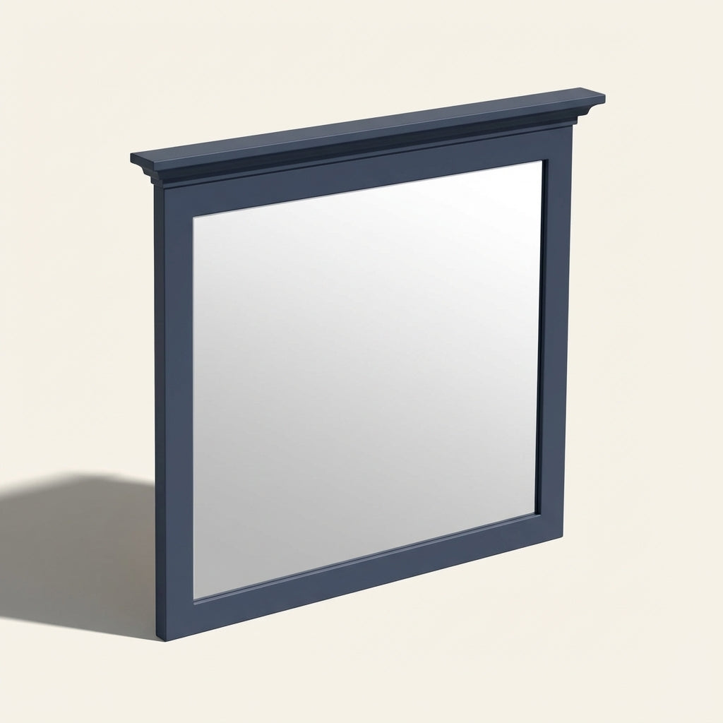 Rectangular mirror with a dark blue frame on a off white background