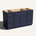 Angled view of a blue Belmont beveled Shaker 60w single sink vanity with 2 doors, 6 drawers and 1 false drawer front.