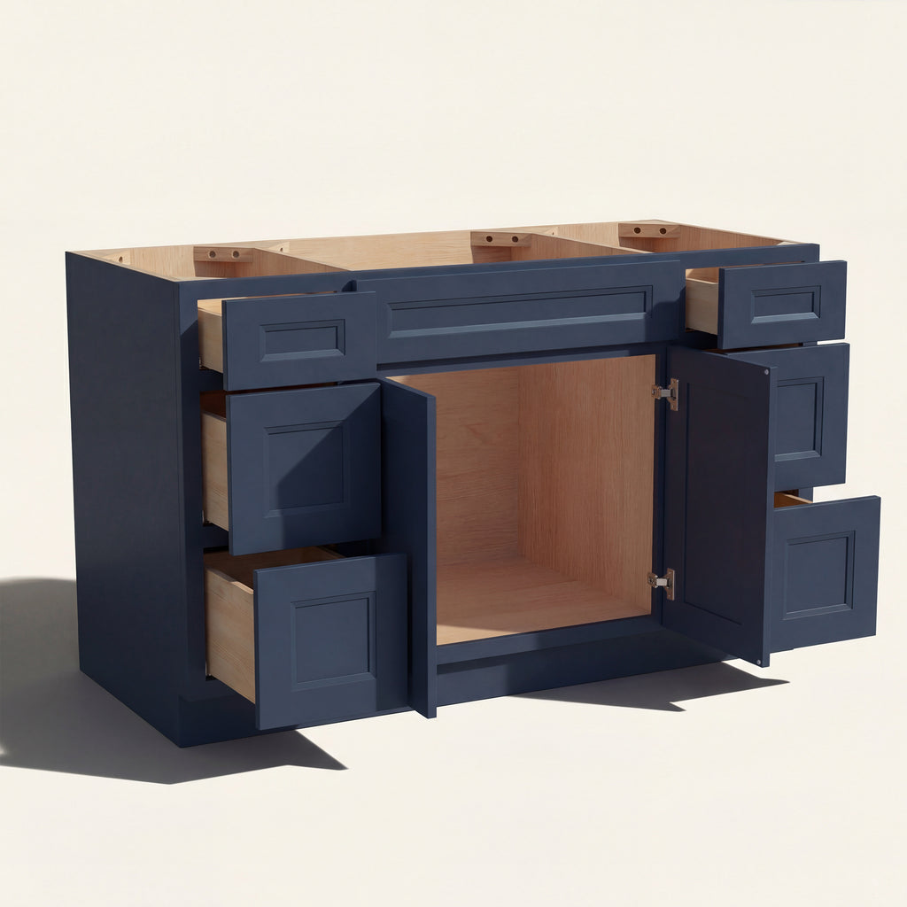Open view of a blue Belmont beveled Shaker 60" single sink vanity, 2 doors and 6 drawers open showing wood interior.