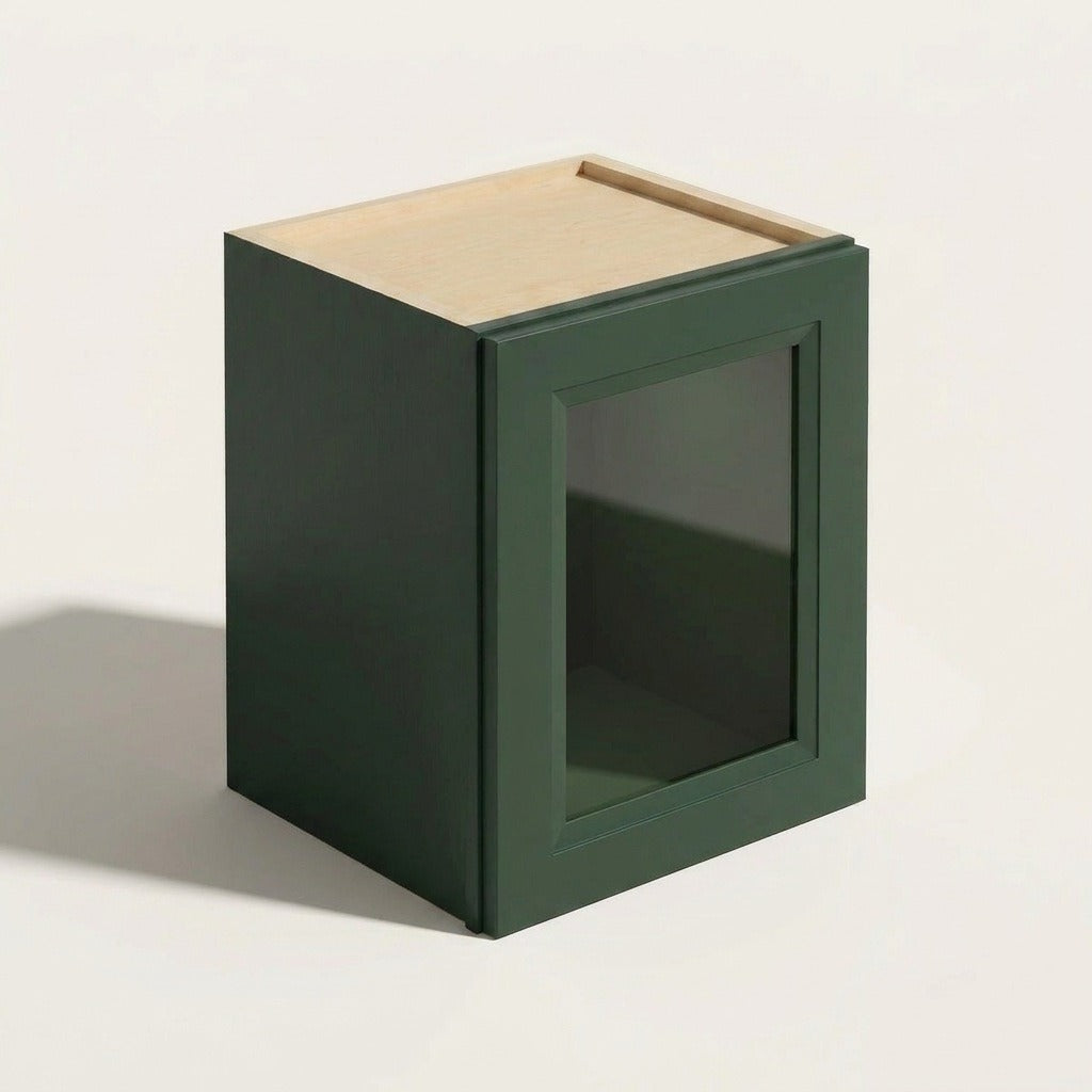 Belmont Green Wall Cabinet with Glass Door - 12w 15h 12d, shown with the optional painted interior