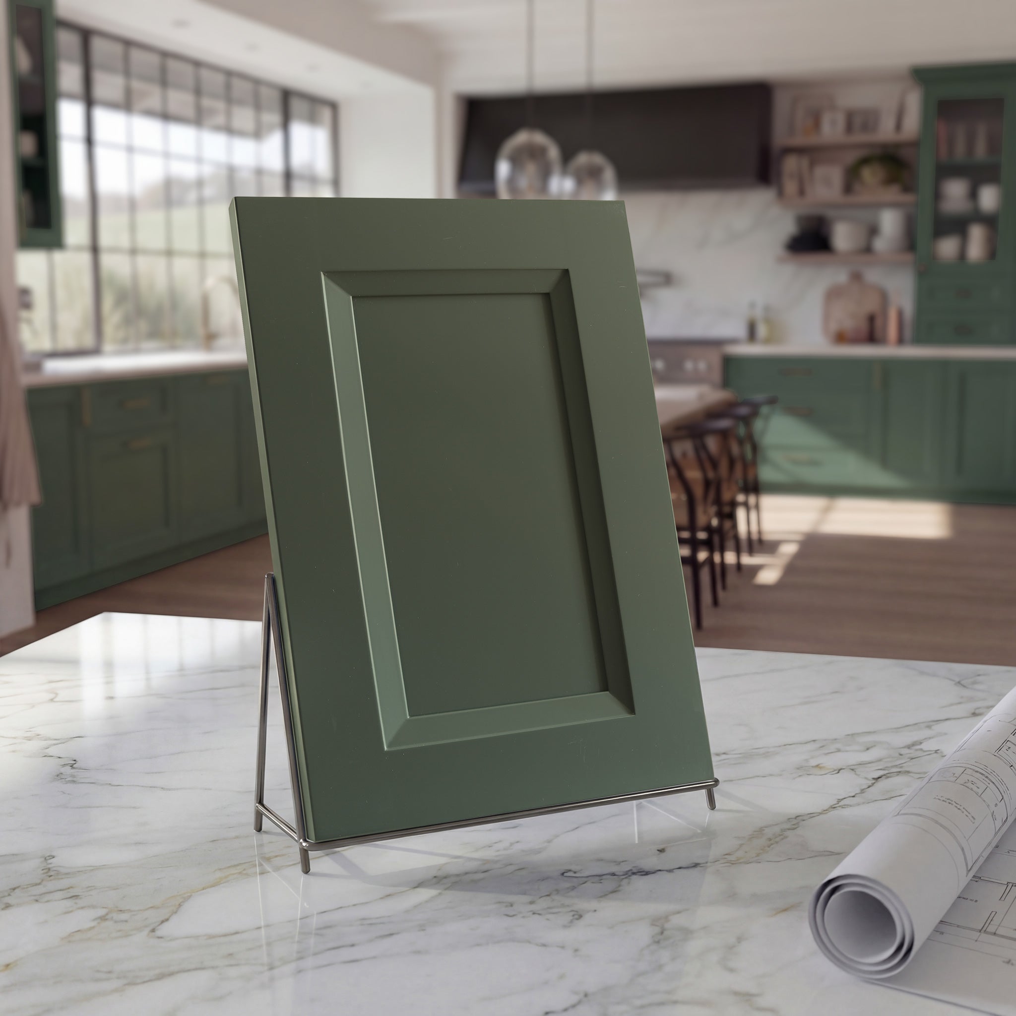 Angled Belmont green beveled shaker cabinet door sample on a white stone countertop against a contemporary kitchen backdrop.