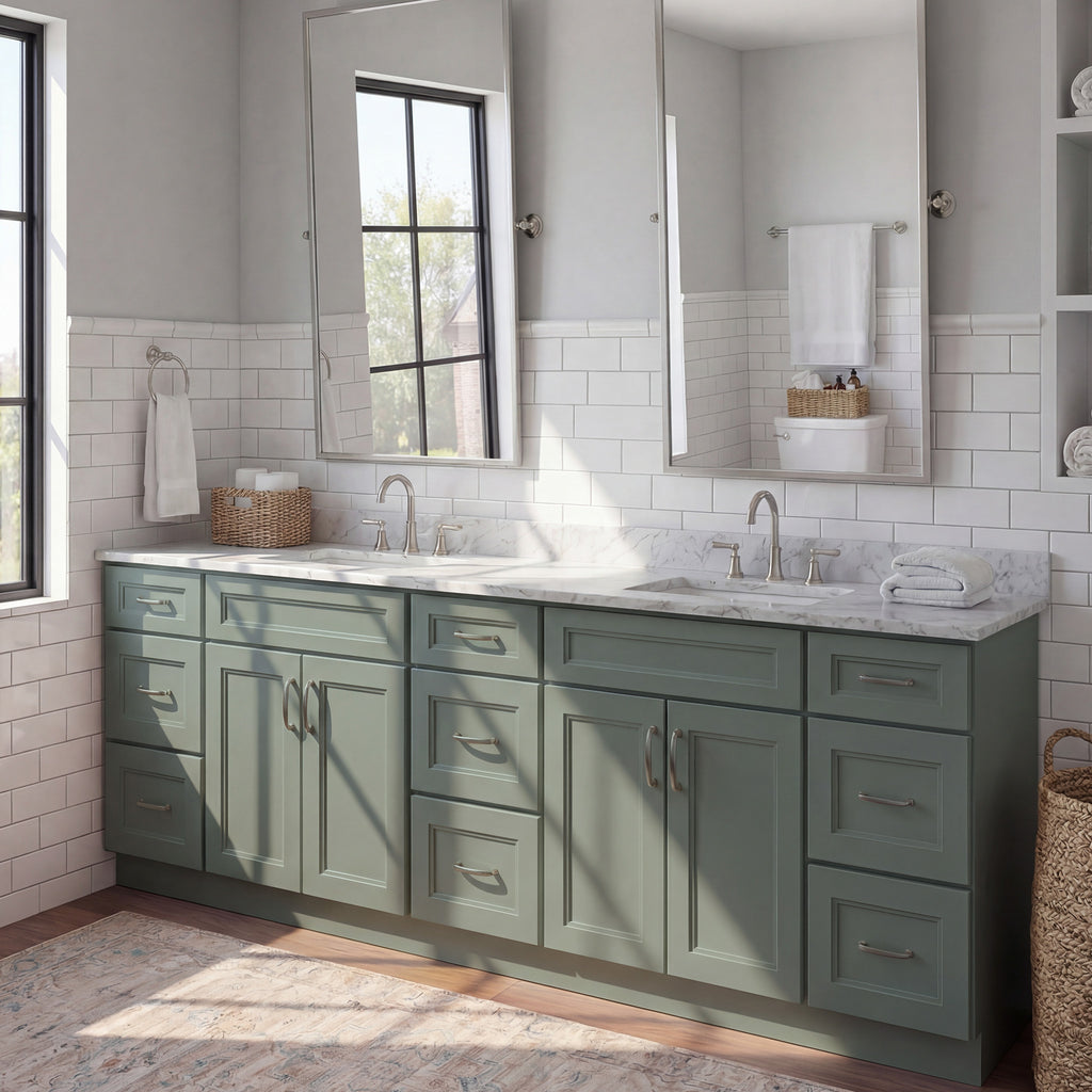 Angled view of a green Belmont shaker double sink vanity in a contemporary, warm bathroom scene with a marble countertop.