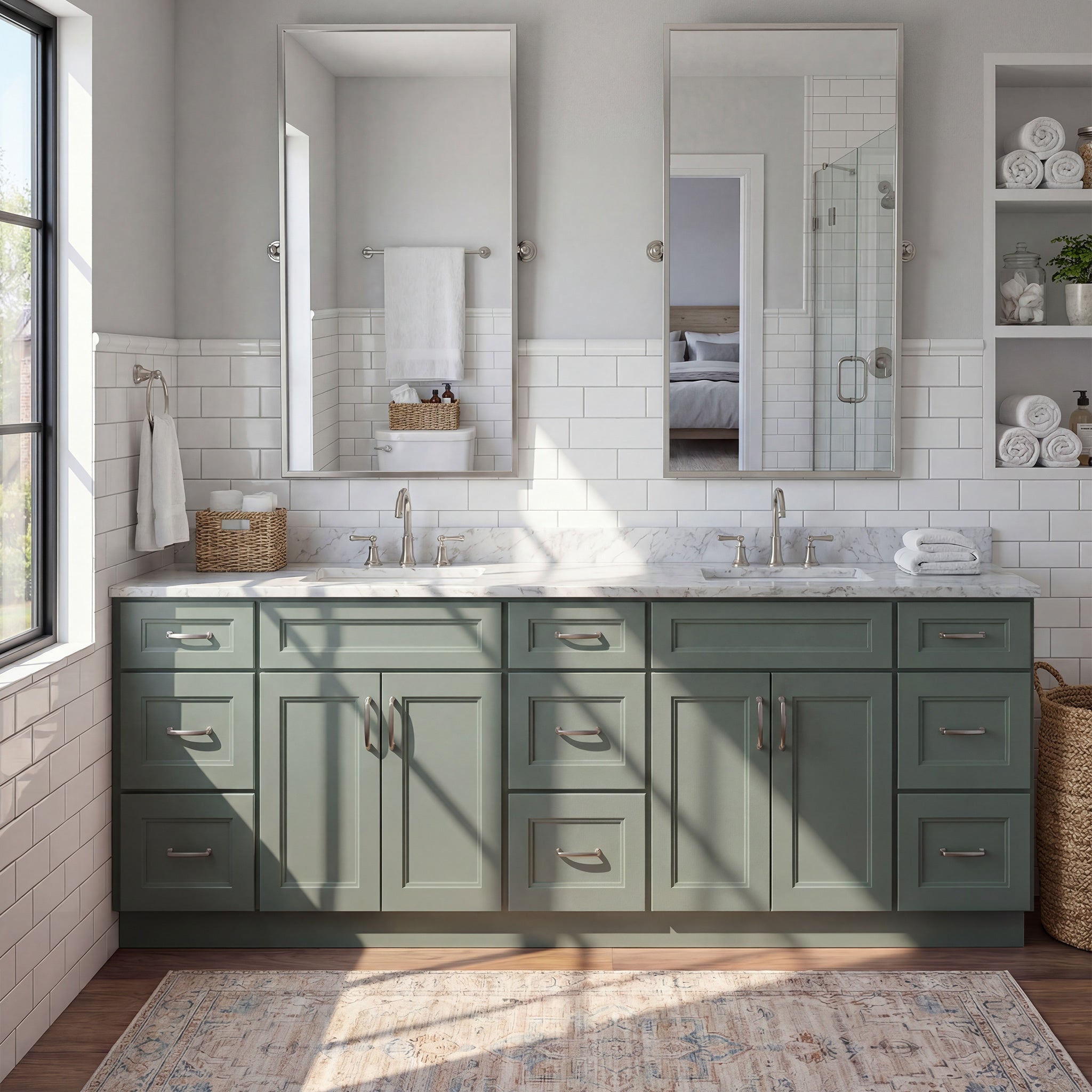 Straight-on view of a green Belmont double sink vanity flanked by two 3-drawer end cabinets in a warm contemporary bathroom.