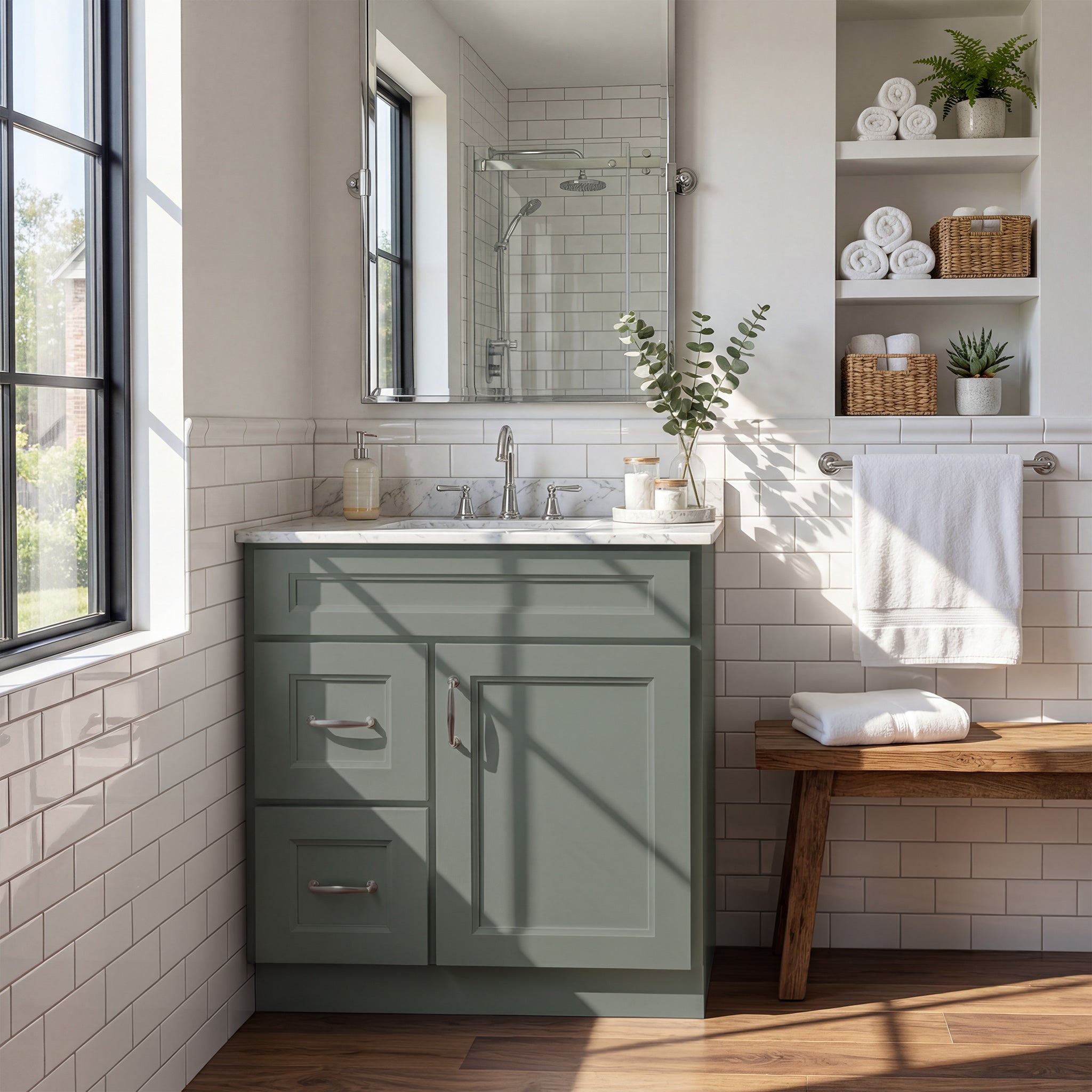 Front view of a green Belmont shaker single sink vanity with 1 door, 2 drawers left, and 1 false drawer in a warm bathroom.