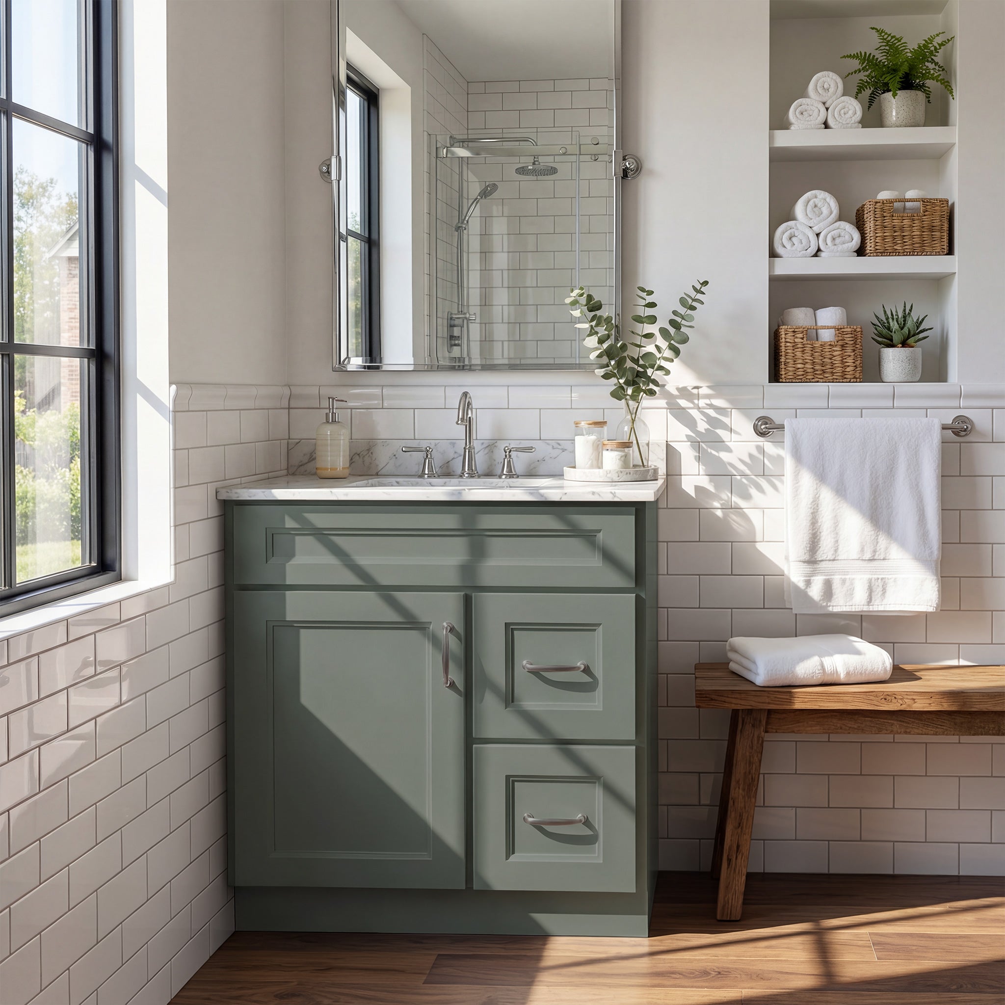 Warm bathroom scene of a green Belmont shaker single sink vanity with 1 door, 2 drawers right, and 1 false front.