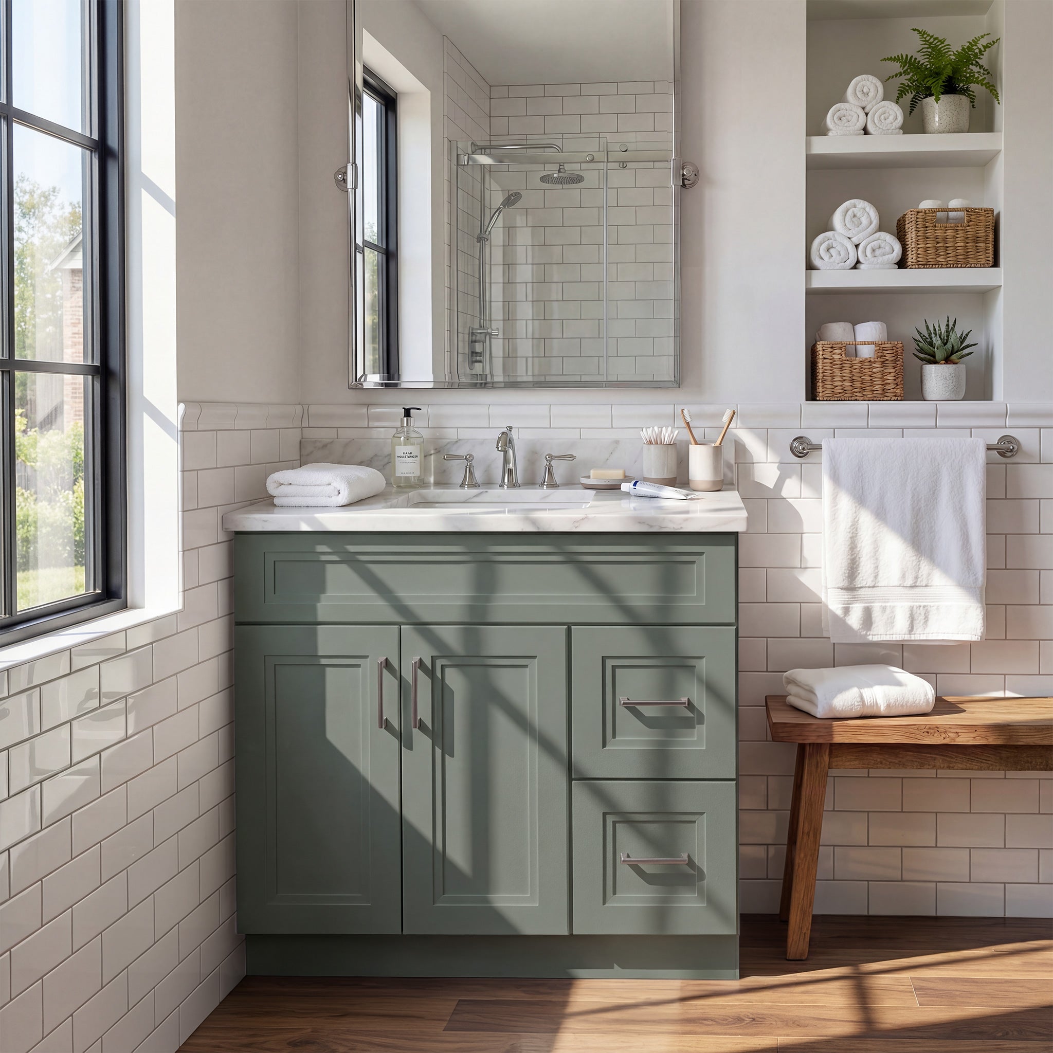 Front view of a green Belmont shaker vanity with 2 doors, 2 drawers right, and 1 false drawer in a warm contemporary bathroom.