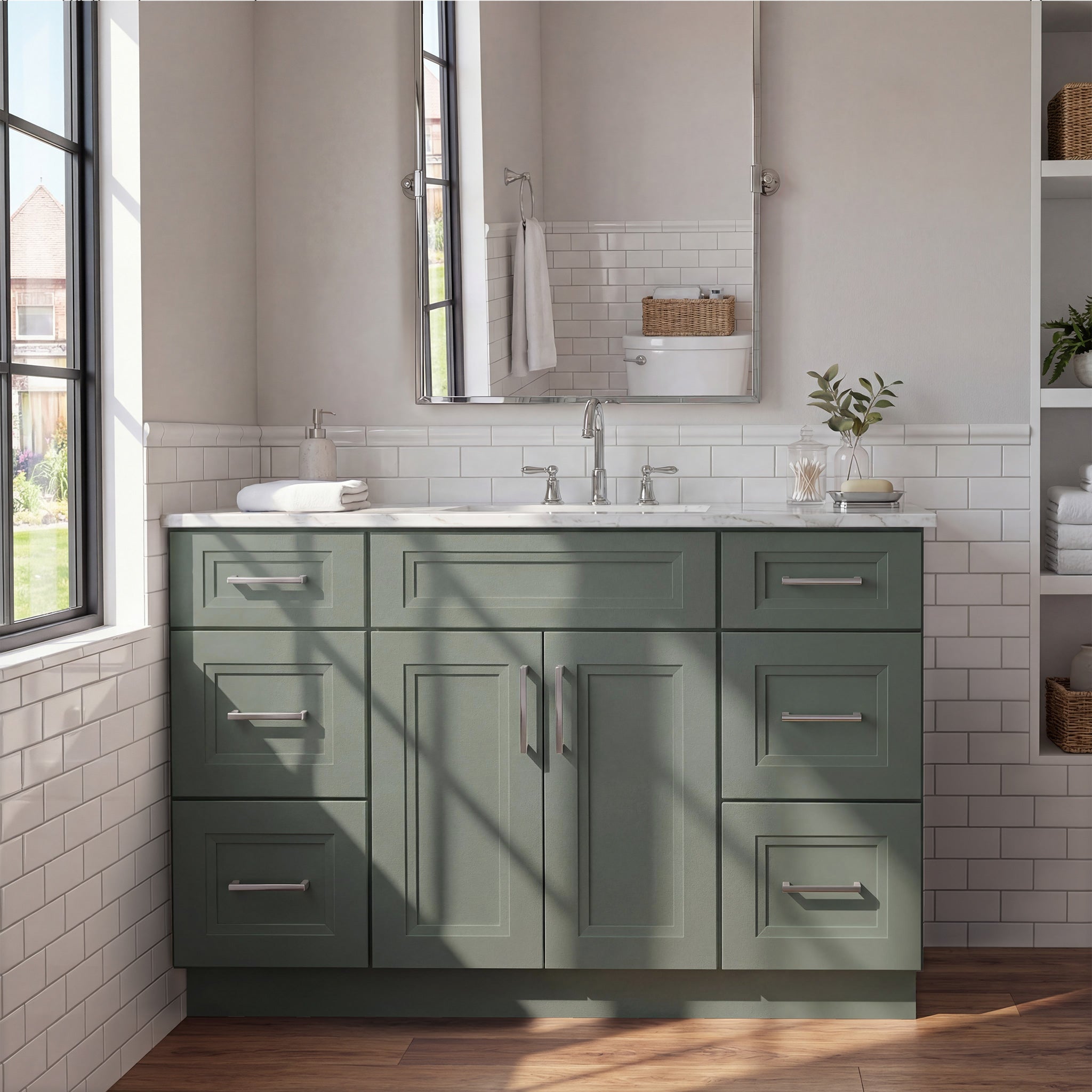 Front view of a green Belmont shaker vanity with 2 doors, 6 drawers, and 1 false drawer front in a warm contemporary bathroom.