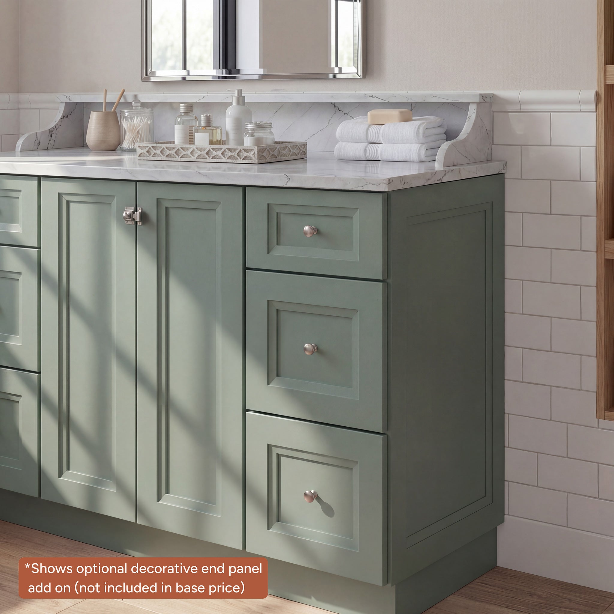 Green Belmont shaker vanity detail showing an optional decorative end panel add-on, not included in base price.
