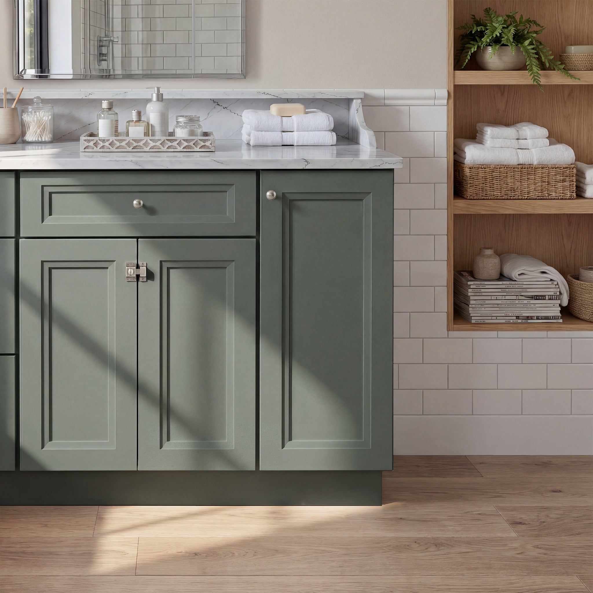 Front view of a green Belmont contemporary vanity base cabinet with 3 doors and 1 drawer in a styled bathroom.