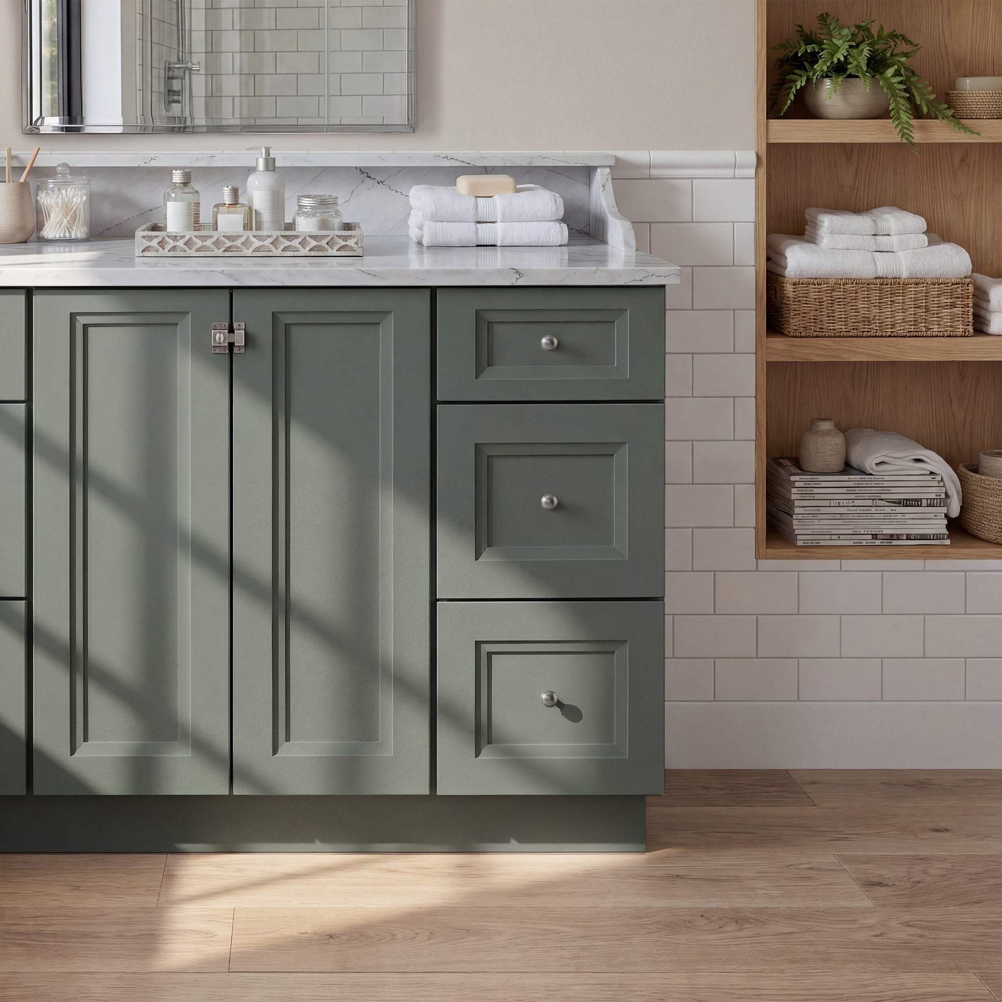 Front view of a green Belmont contemporary vanity base cabinet with 2 full-height doors and 3 drawers in a styled bathroom.