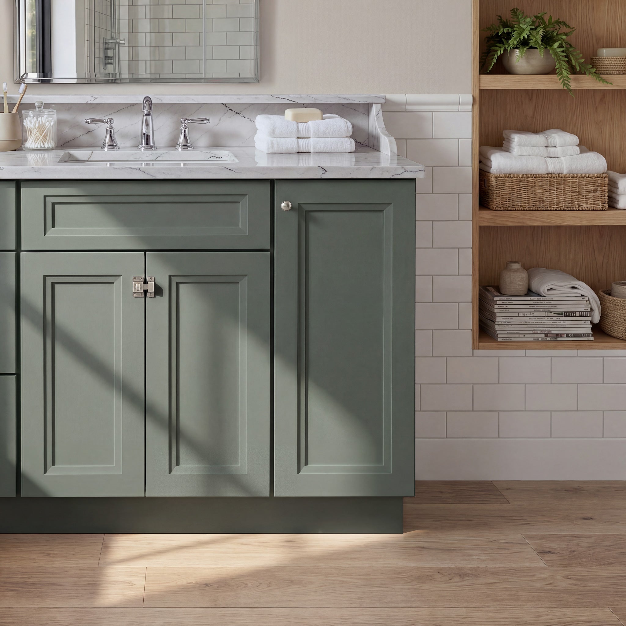 Front view of a green Belmont contemporary vanity base cabinet with 3-doors and 1 false drawer in a styled bathroom.