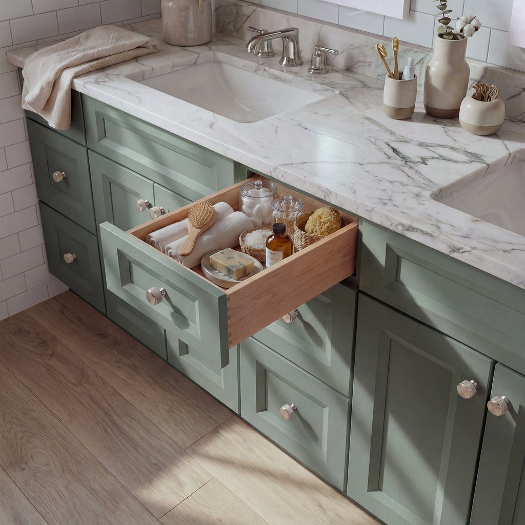 Top-down angled view of a green Belmont shaker vanity with an open drawer, lived-in feel, and Mont Blanc quartzite counter.