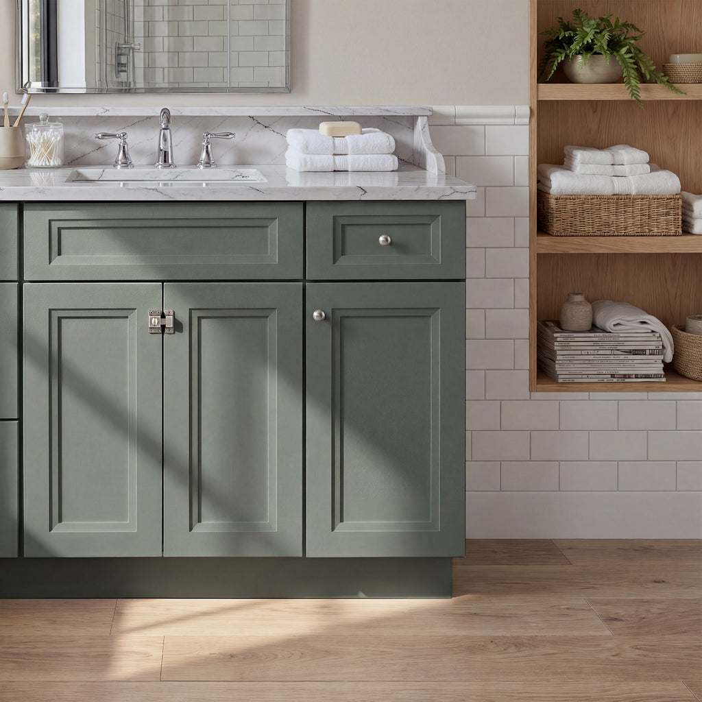 Front view of a green Belmont shaker vanity with 2 doors, 1 drawer, and 1 false front with a nickel latch in a warm bathroom.