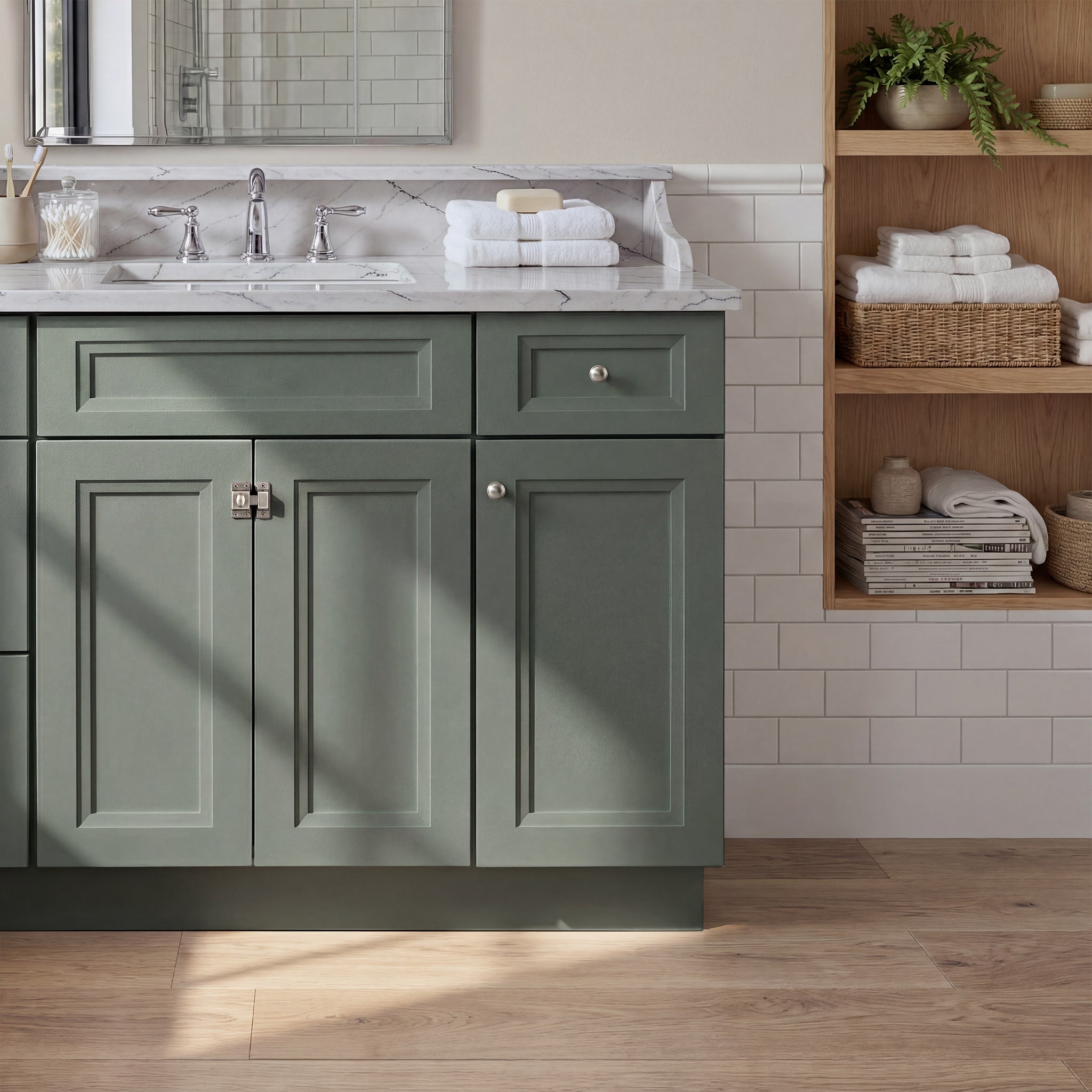 Front view of a green Belmont shaker vanity with 2 doors, 1 drawer, and 1 false front with a nickel latch in a warm bathroom.