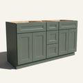 Angled view of a green Belmont beveled Shaker double sink vanity base with 4 doors, 3 drawers, and 2 false drawer fronts.