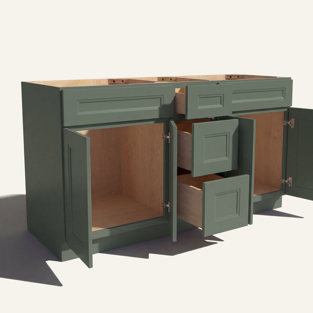 Angled view of a green Belmont beveled Shaker double sink vanity base with doors and 3 drawers open showing wood interior.