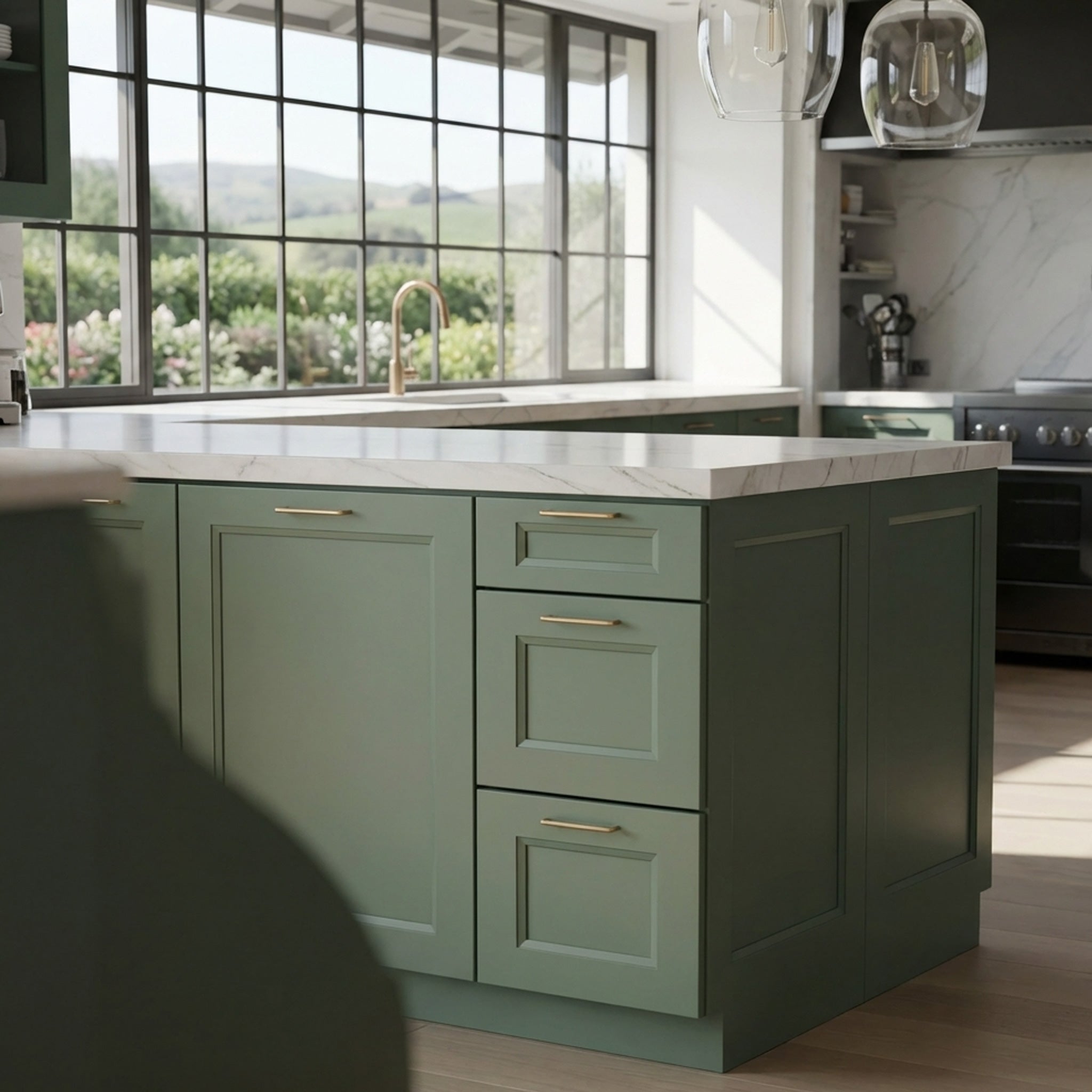 Green Belmont beveled Shaker drawer base in a contemporary kitchen with Mont Blanc quartzite and gold hardware.