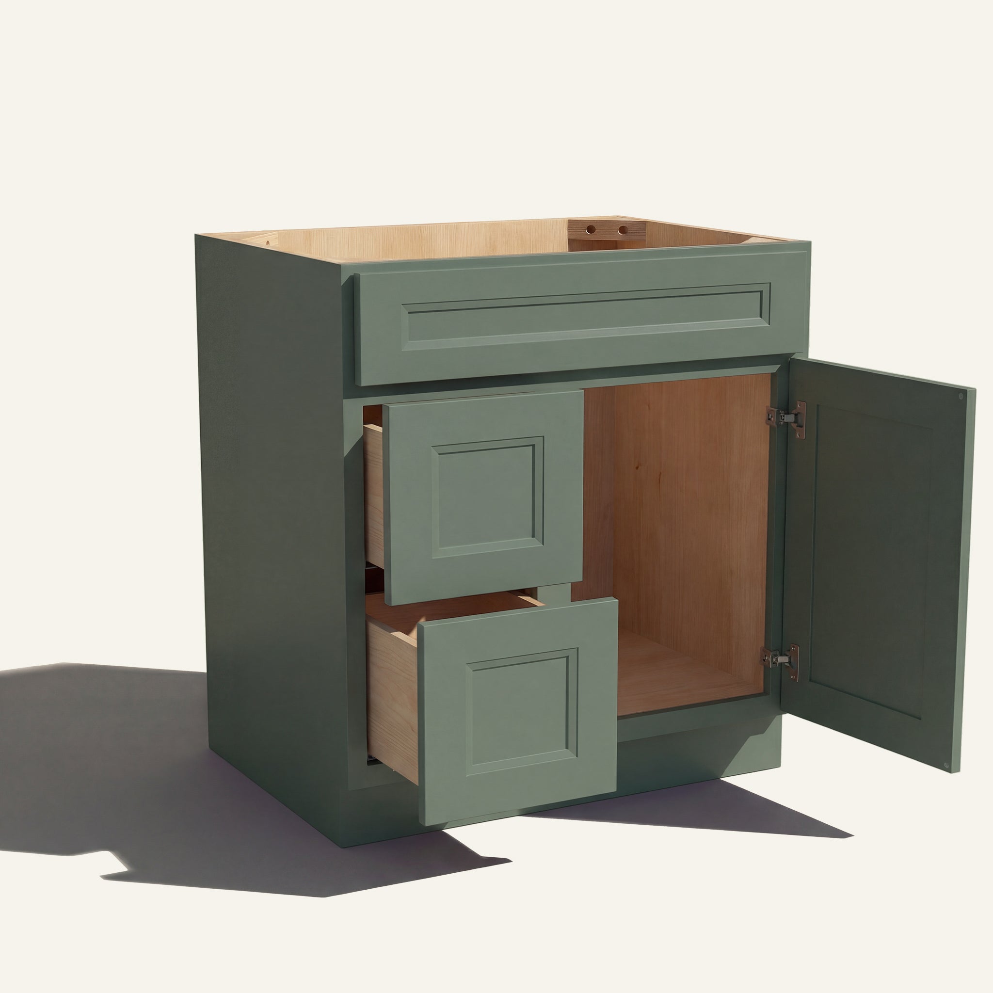 Open view of a green Belmont beveled shaker single sink vanity with 1 door and 2 drawers on the left.