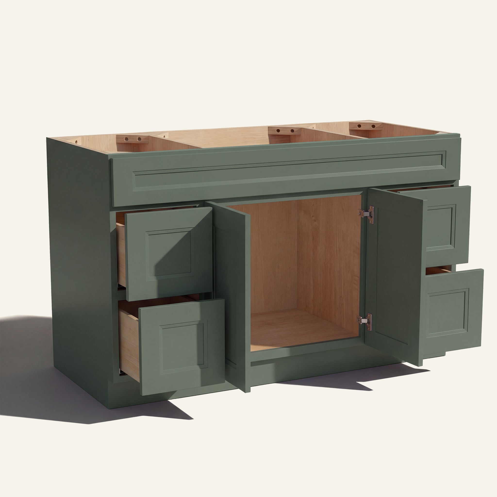 Open view of a green Belmont beveled Shaker single sink vanity base with 2 doors and 4 drawers showing the stained interior.