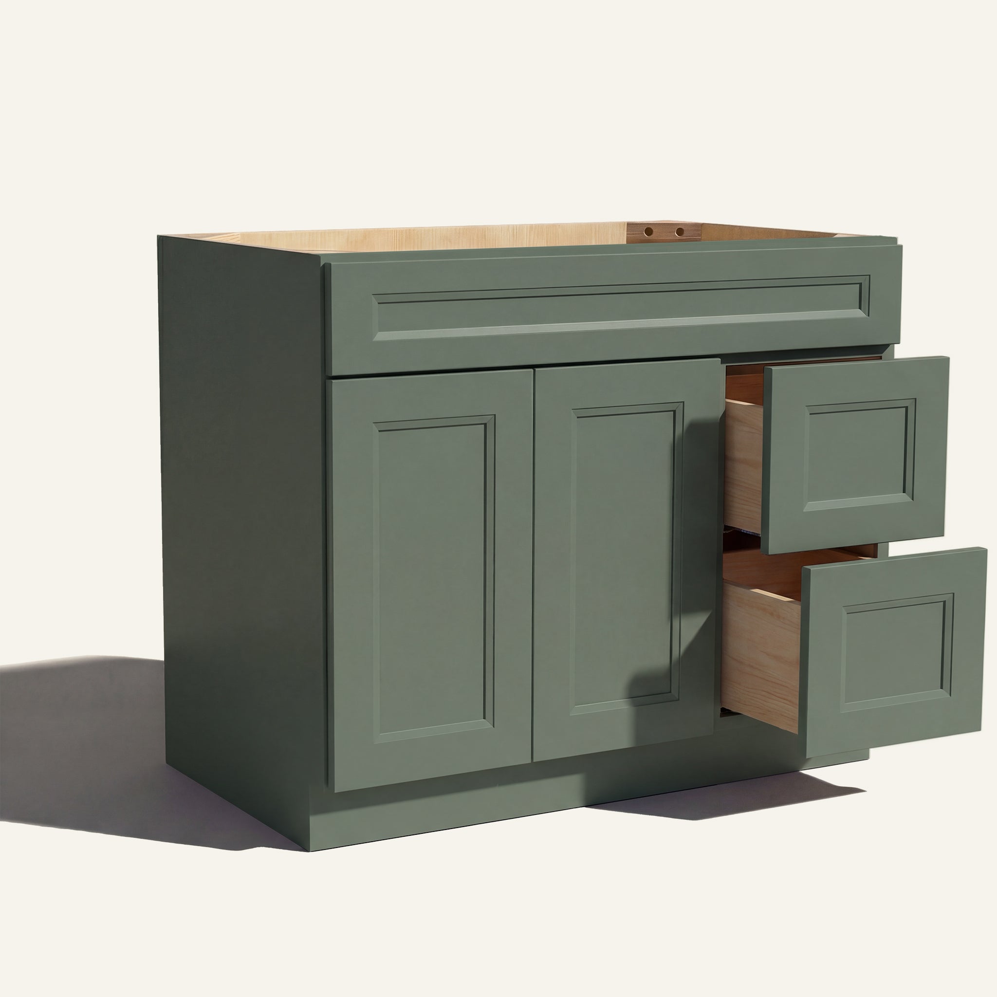 Open view of green Belmont beveled Shaker single sink vanity, 2 doors, 2 drawers right, and 1 false drawer front.