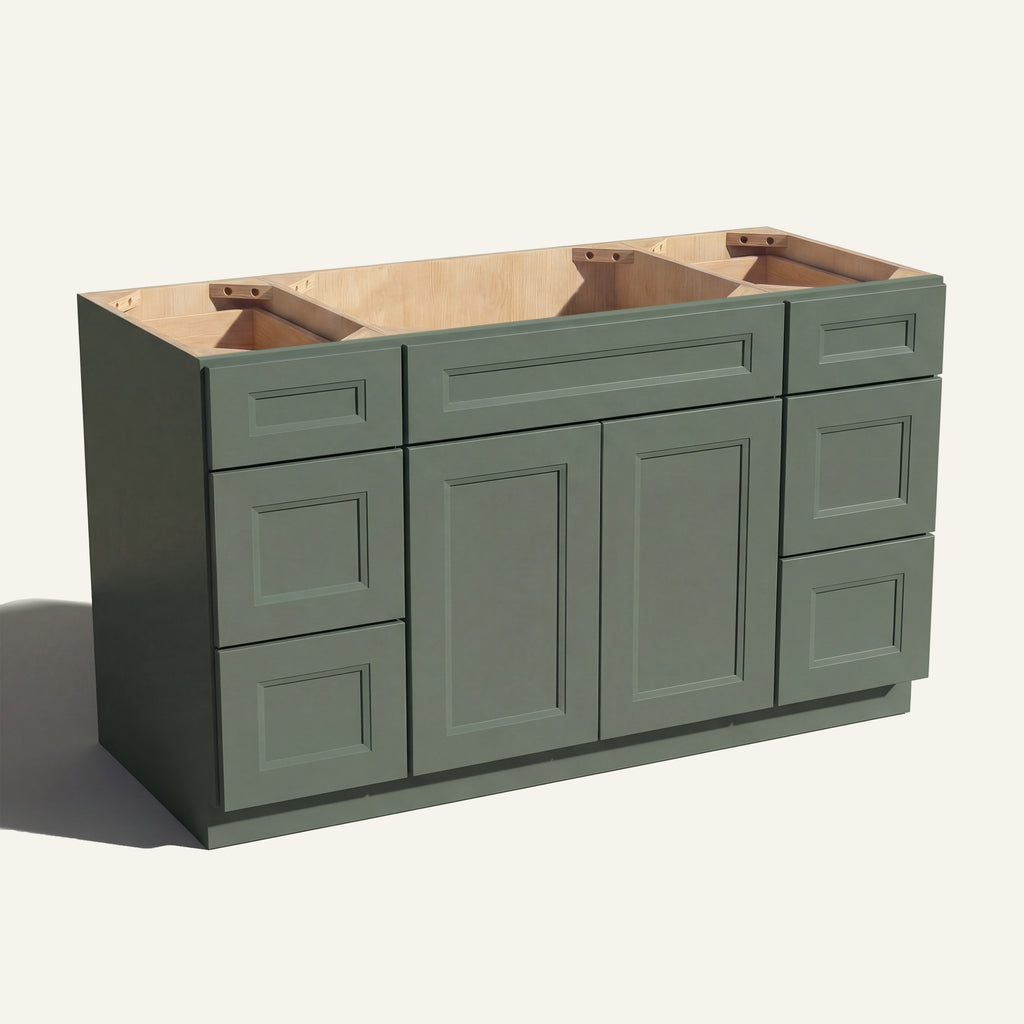 Angled view of a green Belmont beveled Shaker 60w single sink vanity with 2 doors, 6 drawers and 1 false drawer front.