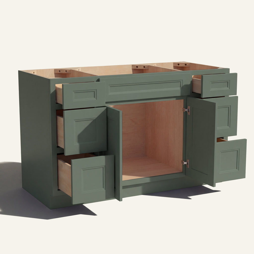 Open view of a green Belmont beveled Shaker 60" single sink vanity, 2 doors and 6 drawers open showing wood interior.