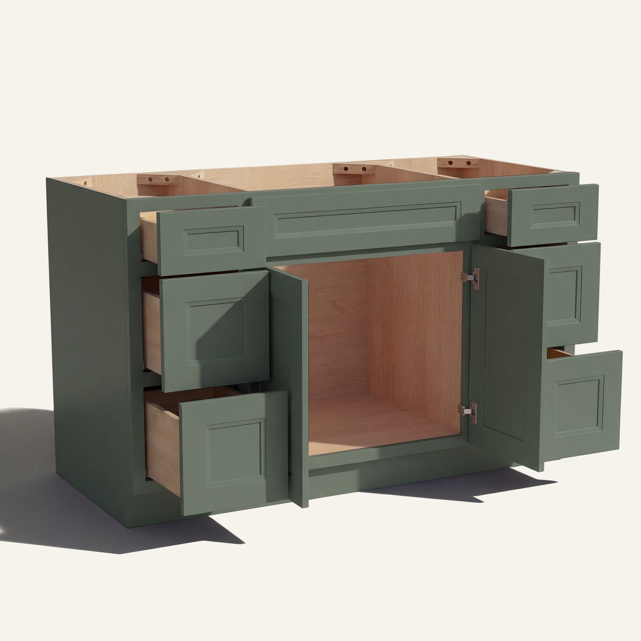Open view of a green Belmont beveled Shaker 60" single sink vanity, 2 doors and 6 drawers open showing wood interior.