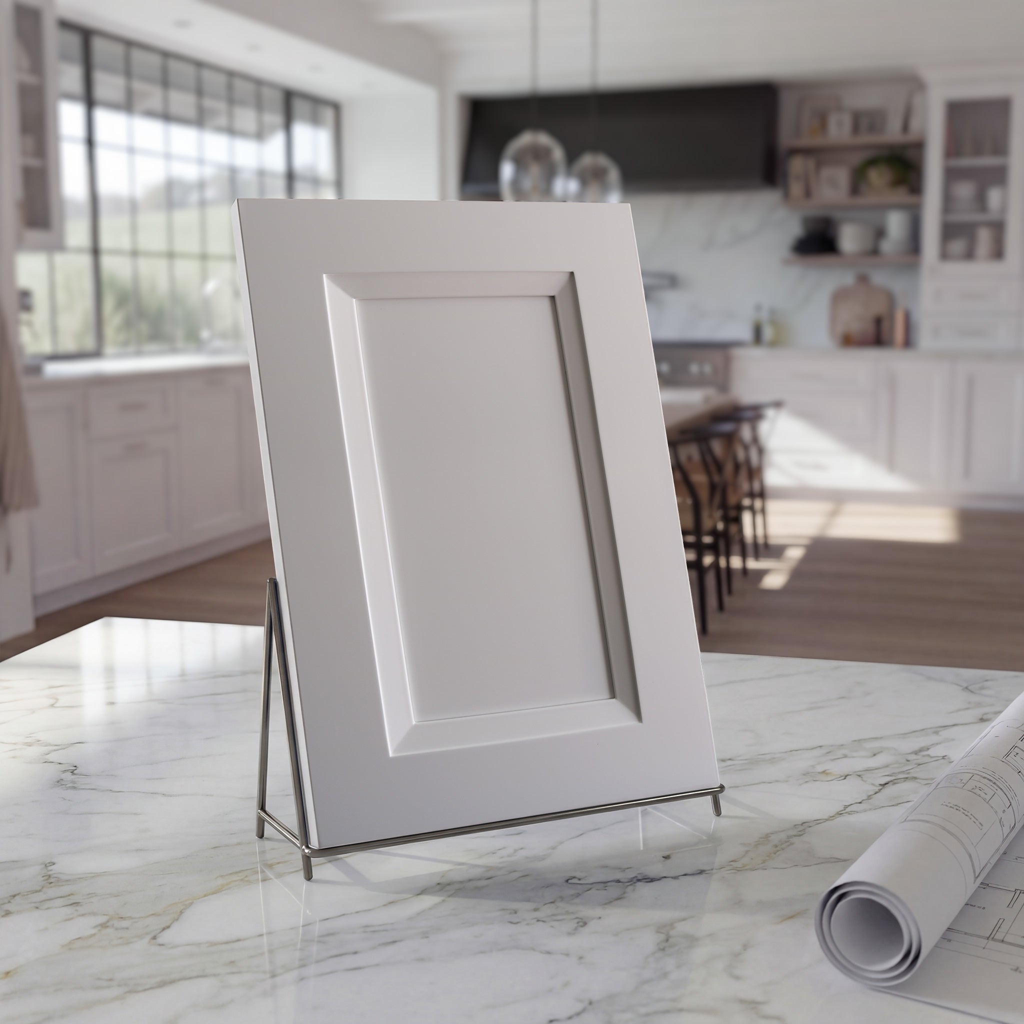 Angled Belmont white beveled shaker cabinet door sample on a white stone countertop against a contemporary kitchen backdrop.