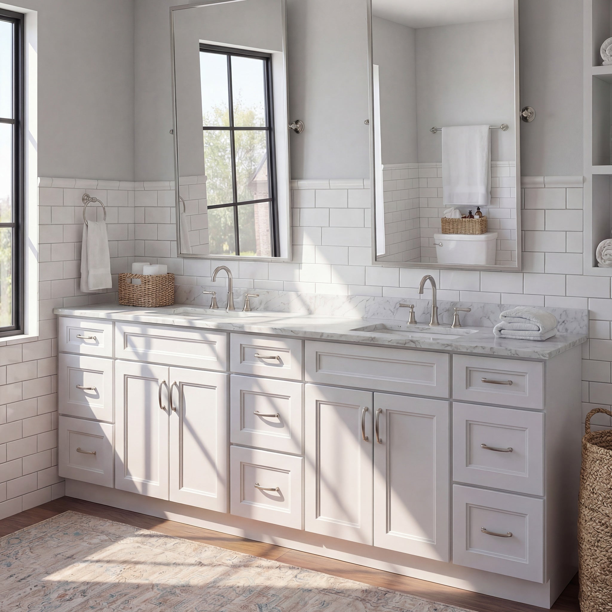 Angled view of a white Belmont shaker double sink vanity in a contemporary, warm bathroom scene with a marble countertop.