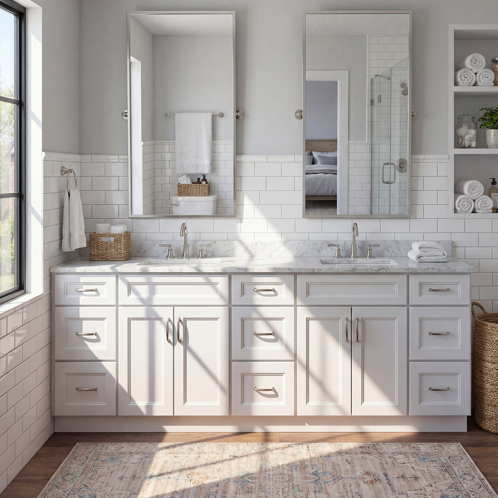 Straight-on view of a white Belmont double sink vanity flanked by two 3-drawer end cabinets in a warm contemporary bathroom.