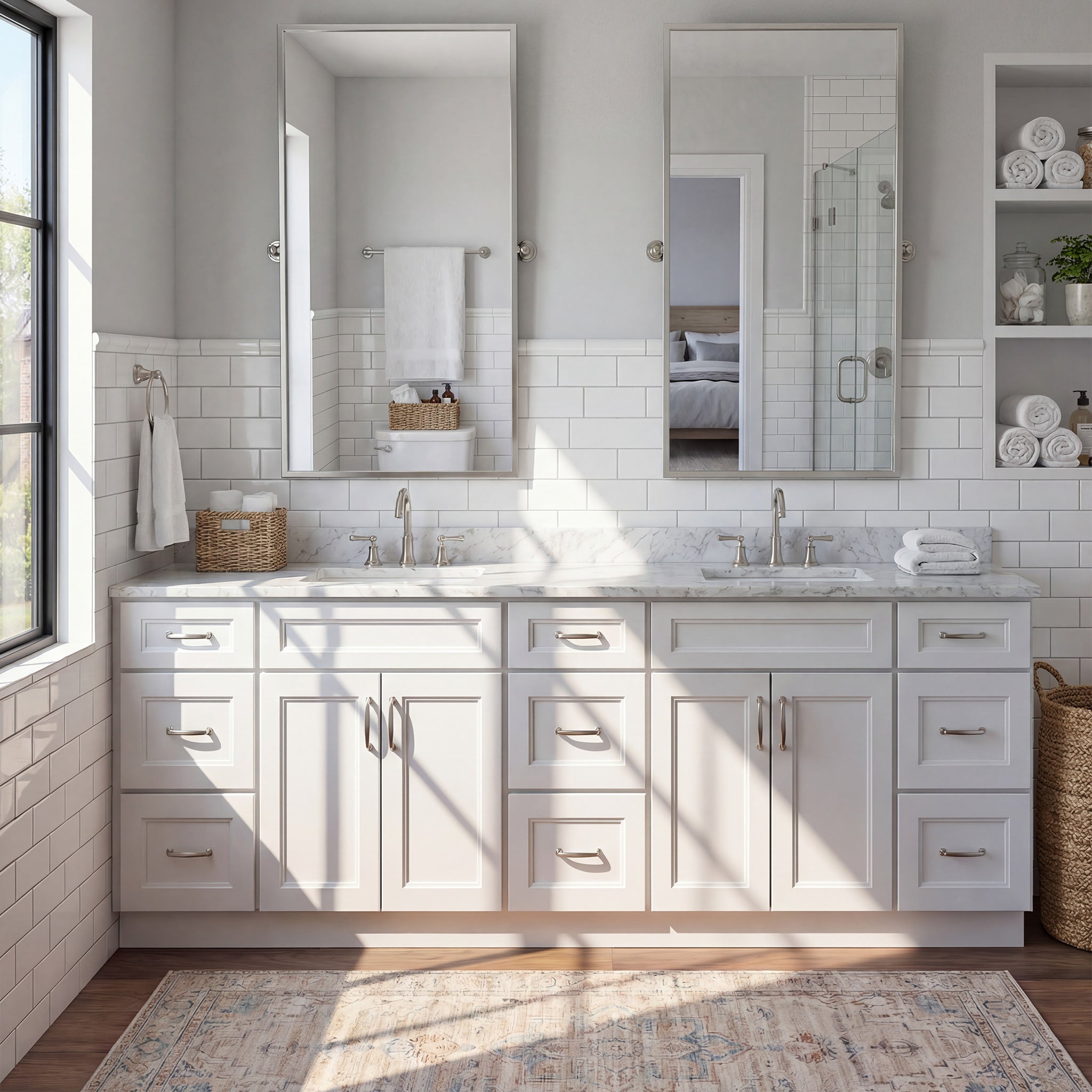 Straight-on view of a white Belmont double sink vanity flanked by two 3-drawer end cabinets in a warm contemporary bathroom.