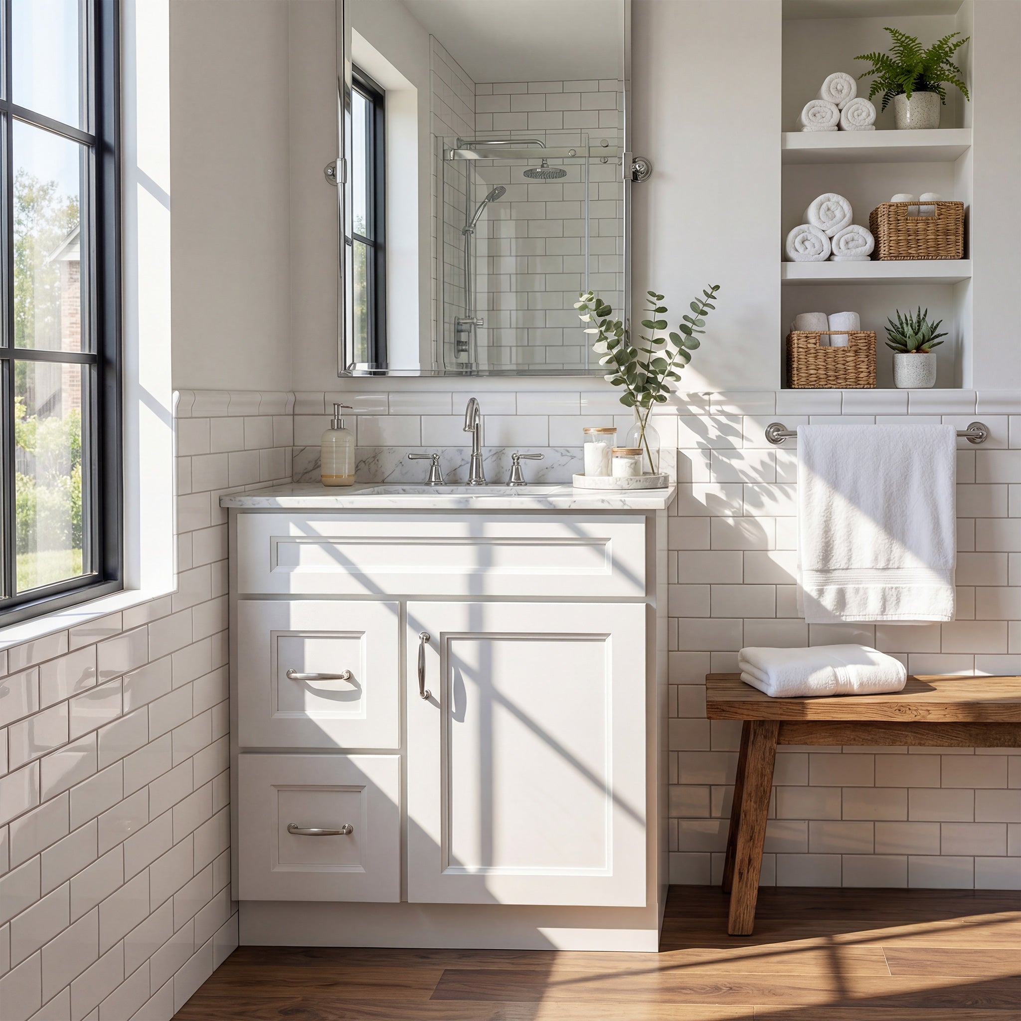 Front view of a white Belmont shaker single sink vanity with 1 door, 2 drawers left, and 1 false drawer in a warm bathroom.