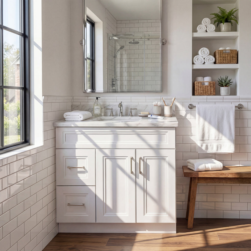 Front view of a white Belmont shaker vanity with 2 doors, 2 drawers left, and 1 false drawer in a warm contemporary bathroom.