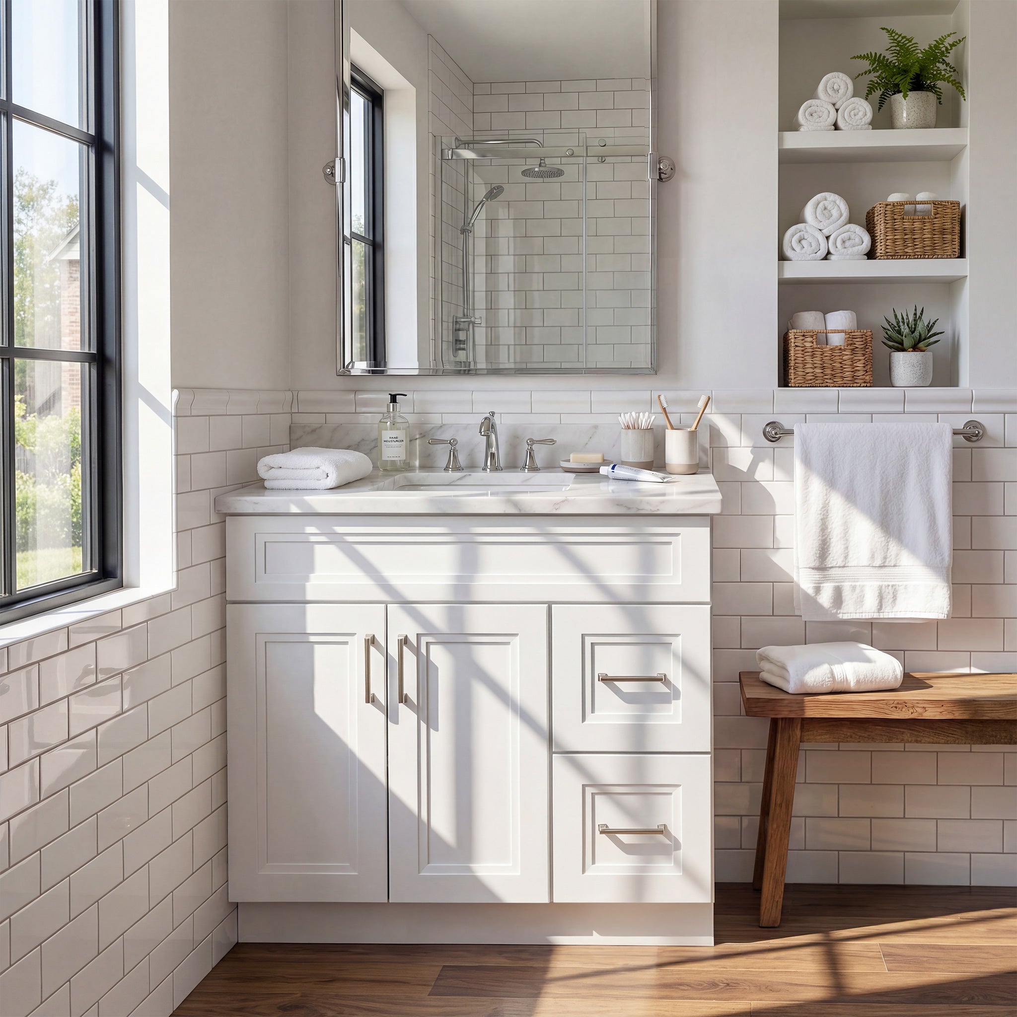 Front view of a white Belmont shaker vanity with 2 doors, 2 drawers right, and 1 false drawer in a warm contemporary bathroom.