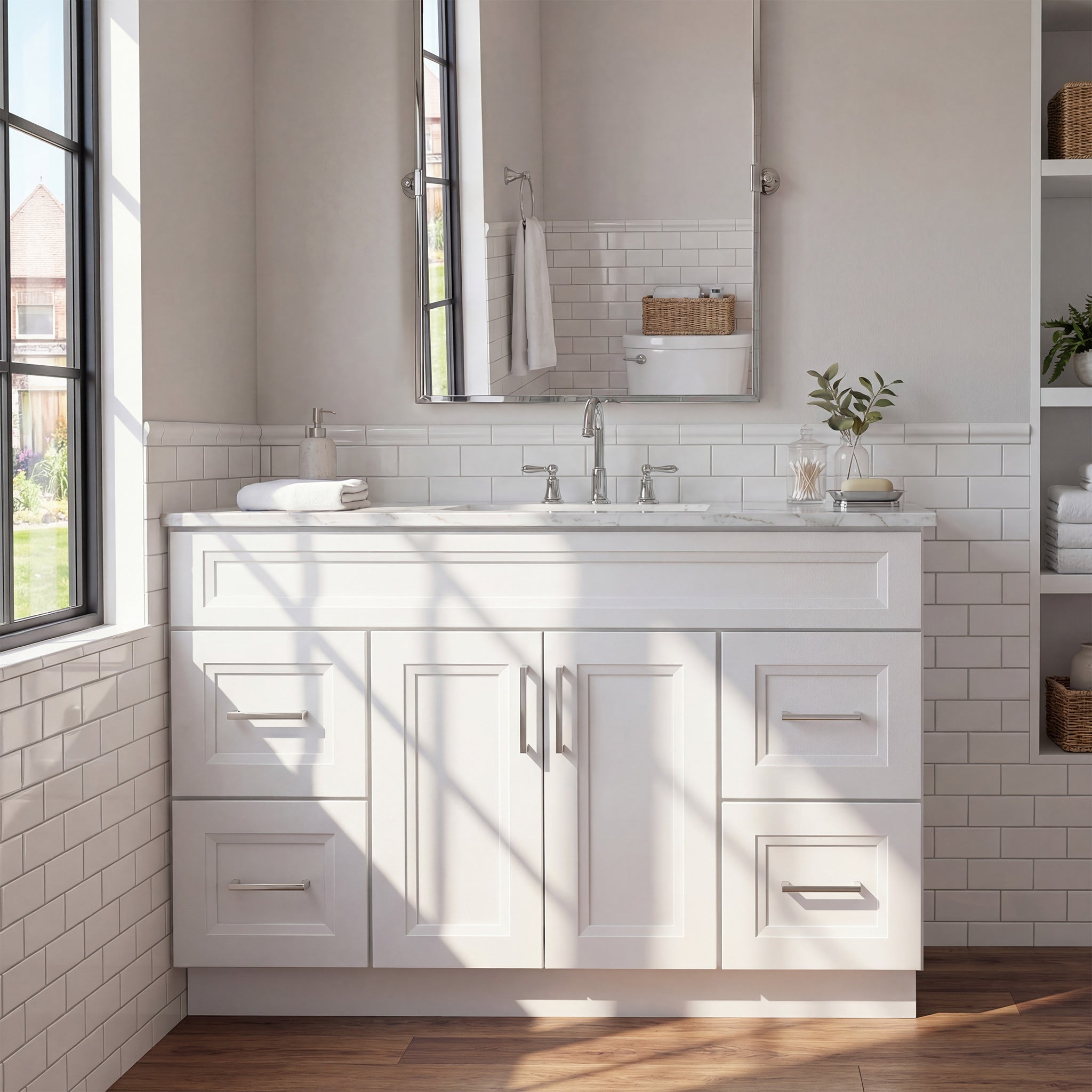 Front view of a white Belmont shaker vanity with 2 doors, 4 drawers, and 1 false drawer front in a warm contemporary bathroom.