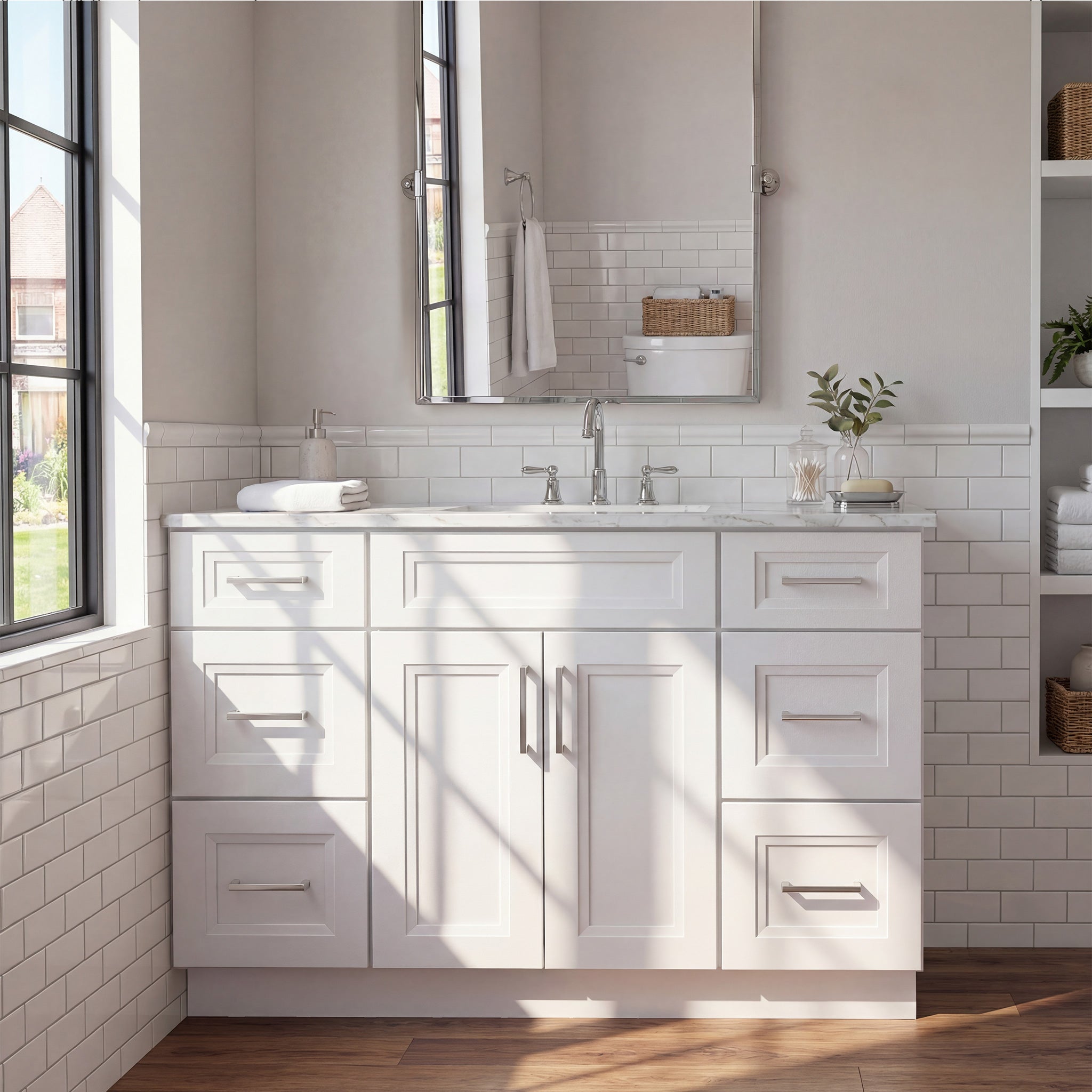 Front view of a white Belmont shaker vanity with 2 doors, 6 drawers, and 1 false drawer front in a warm contemporary bathroom.