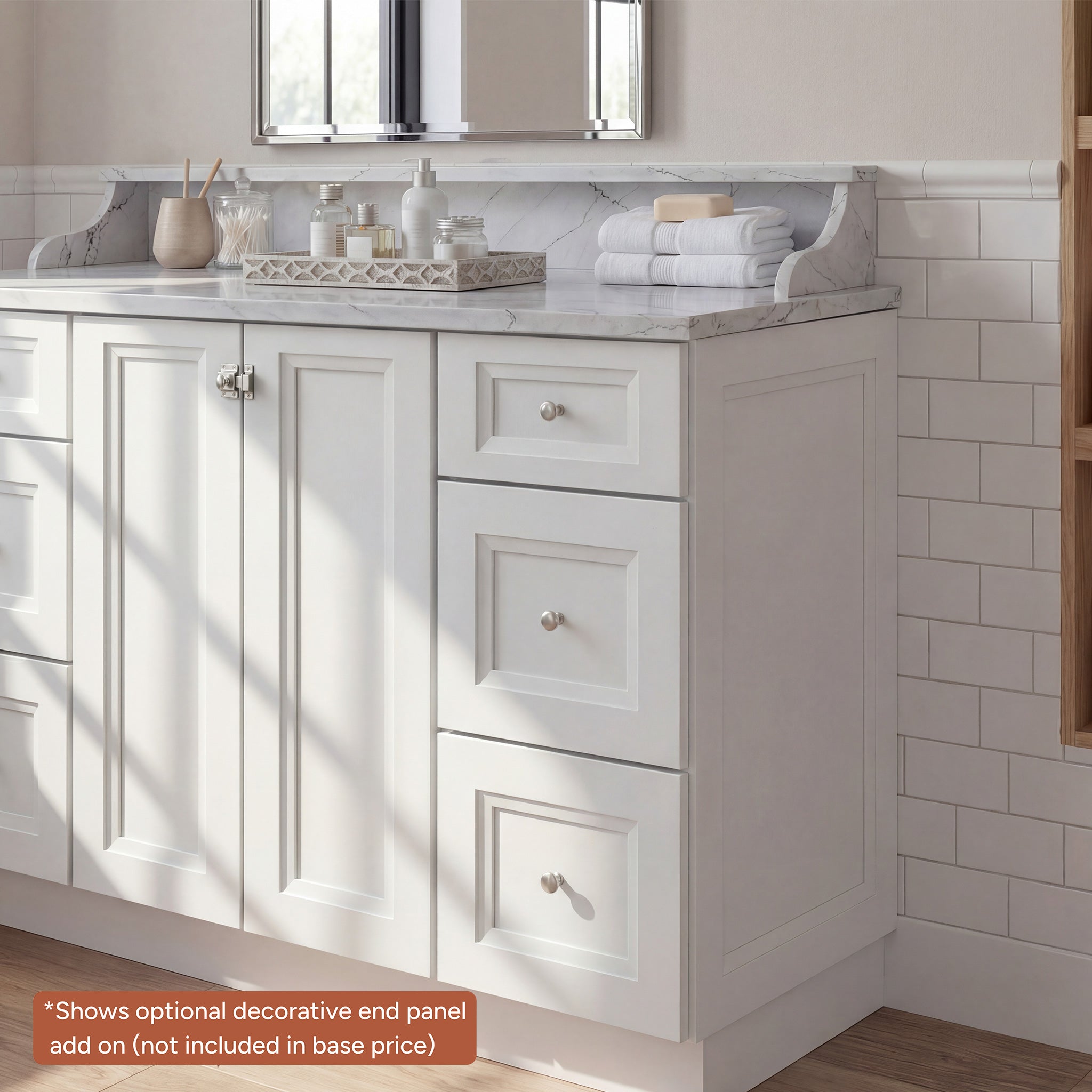 White Belmont shaker vanity detail showing an optional decorative end panel add-on, not included in base price.