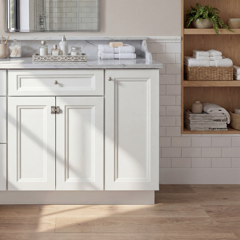 Front view of a white Belmont contemporary vanity base cabinet with 3 doors and 1 drawer in a styled bathroom.