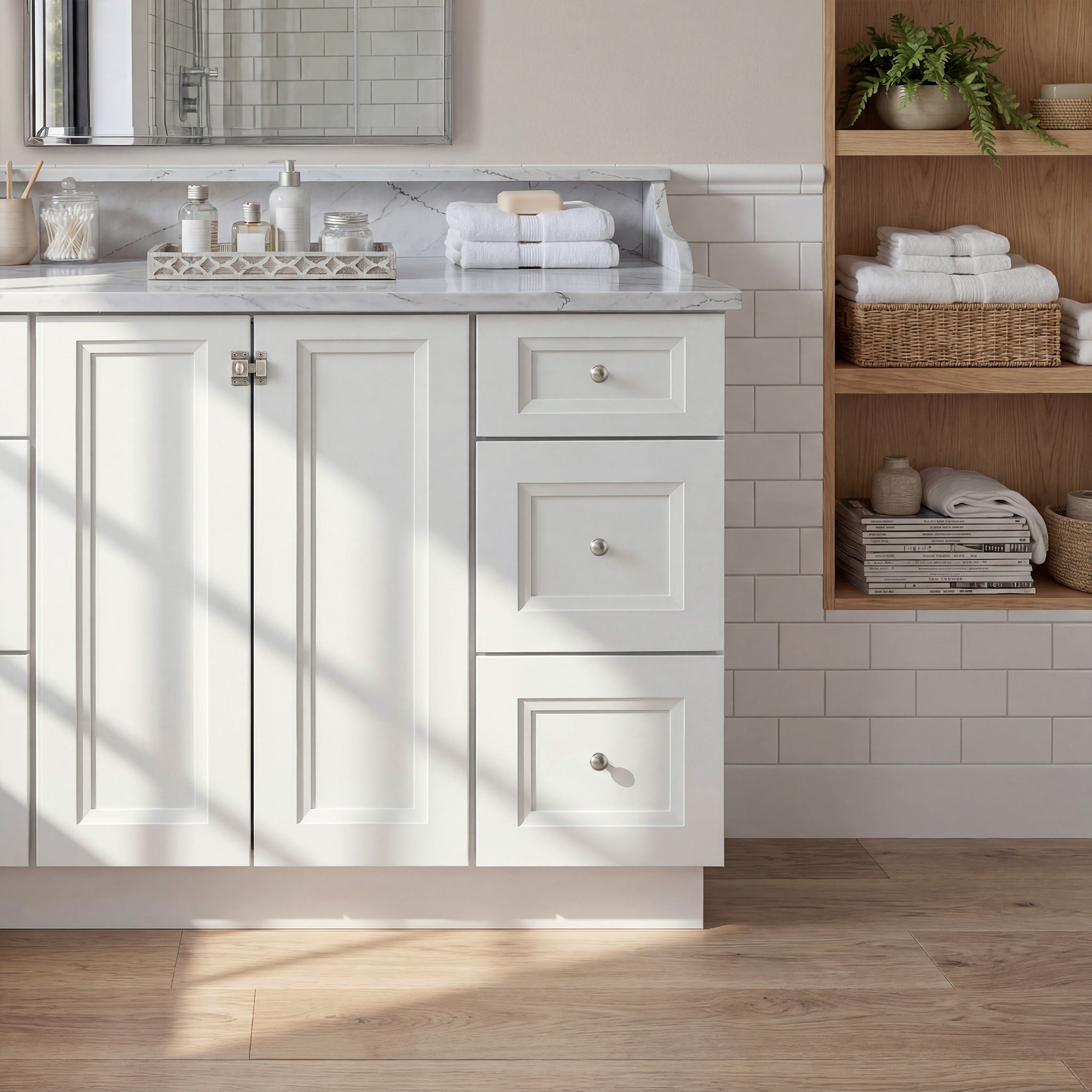 Front view of a white Belmont contemporary vanity base cabinet with 2 full-height doors and 3 drawers in a styled bathroom.