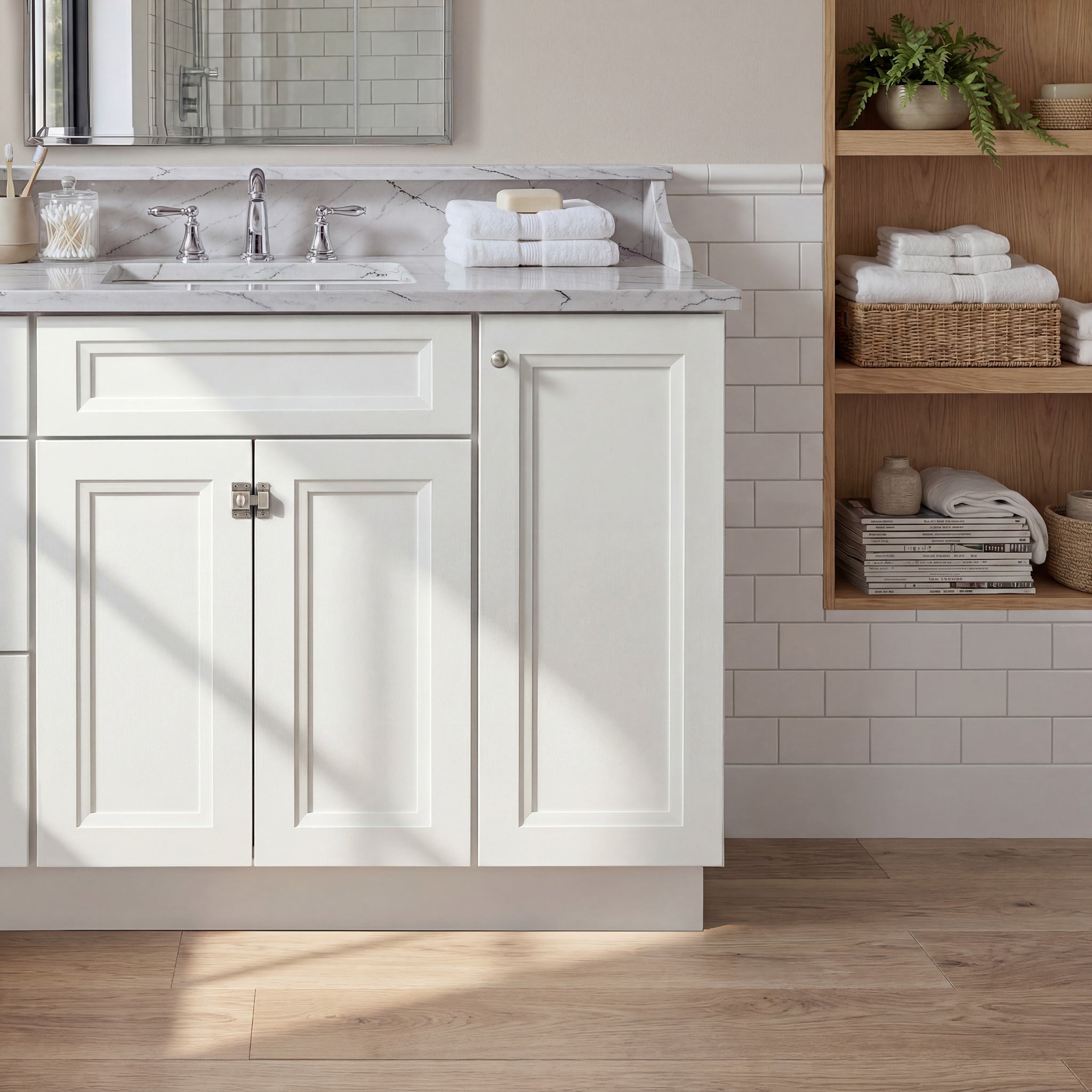 Front view of a white Belmont contemporary vanity base cabinet with 3-doors and 1 false drawer in a styled bathroom.