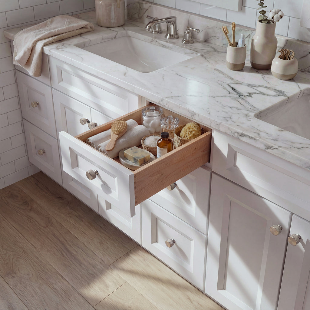 Top-down angled view of a white Belmont shaker vanity with an open drawer, lived-in feel, and Mont Blanc quartzite counter.